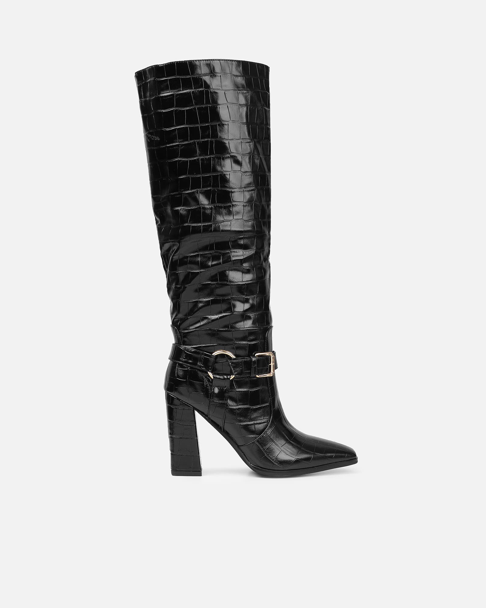Darell Black Croc Over The Knee Block Heeled Boots | SIMMI London