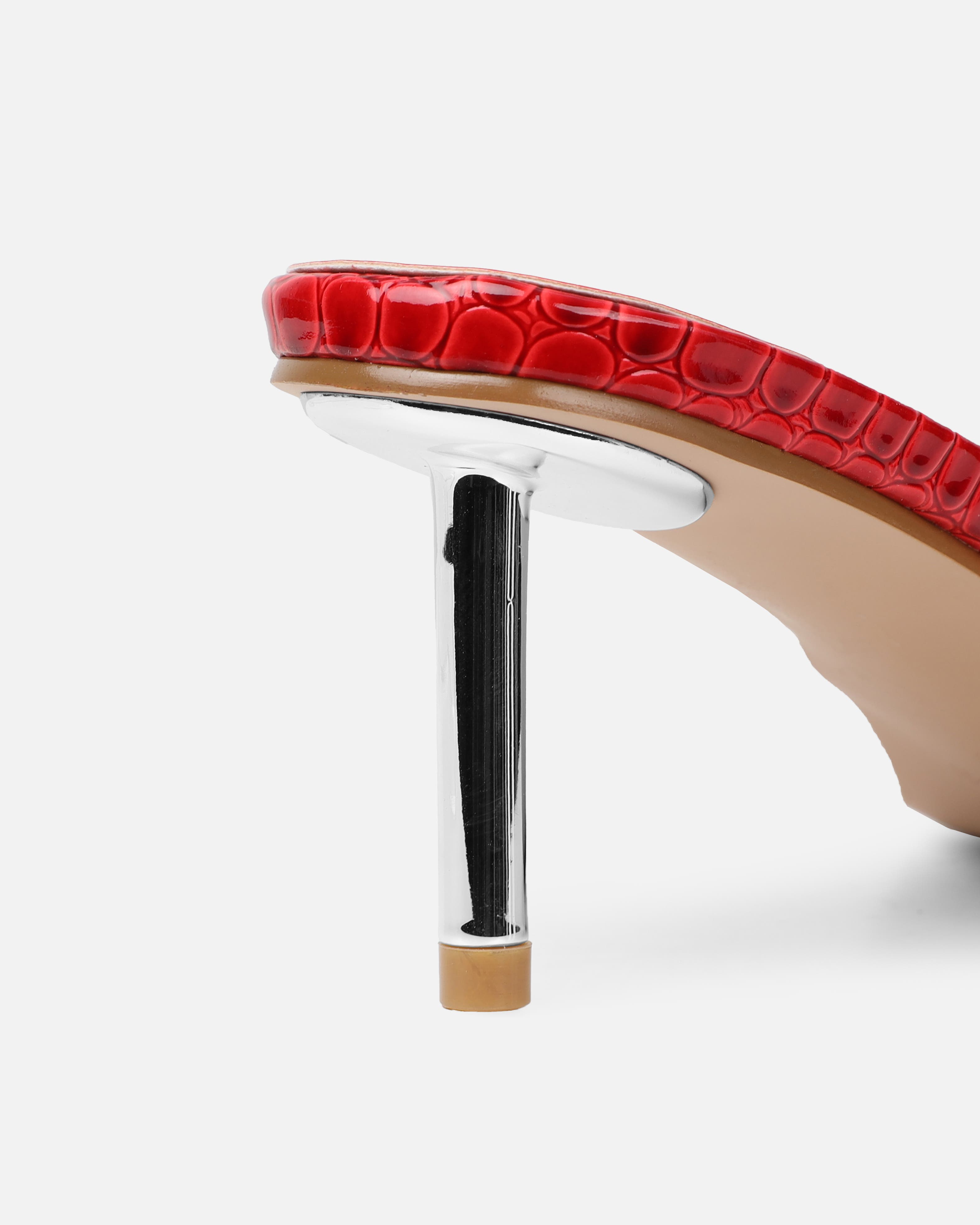 Dotty Red Croc Effect Low Heeled Mules | SIMMI London