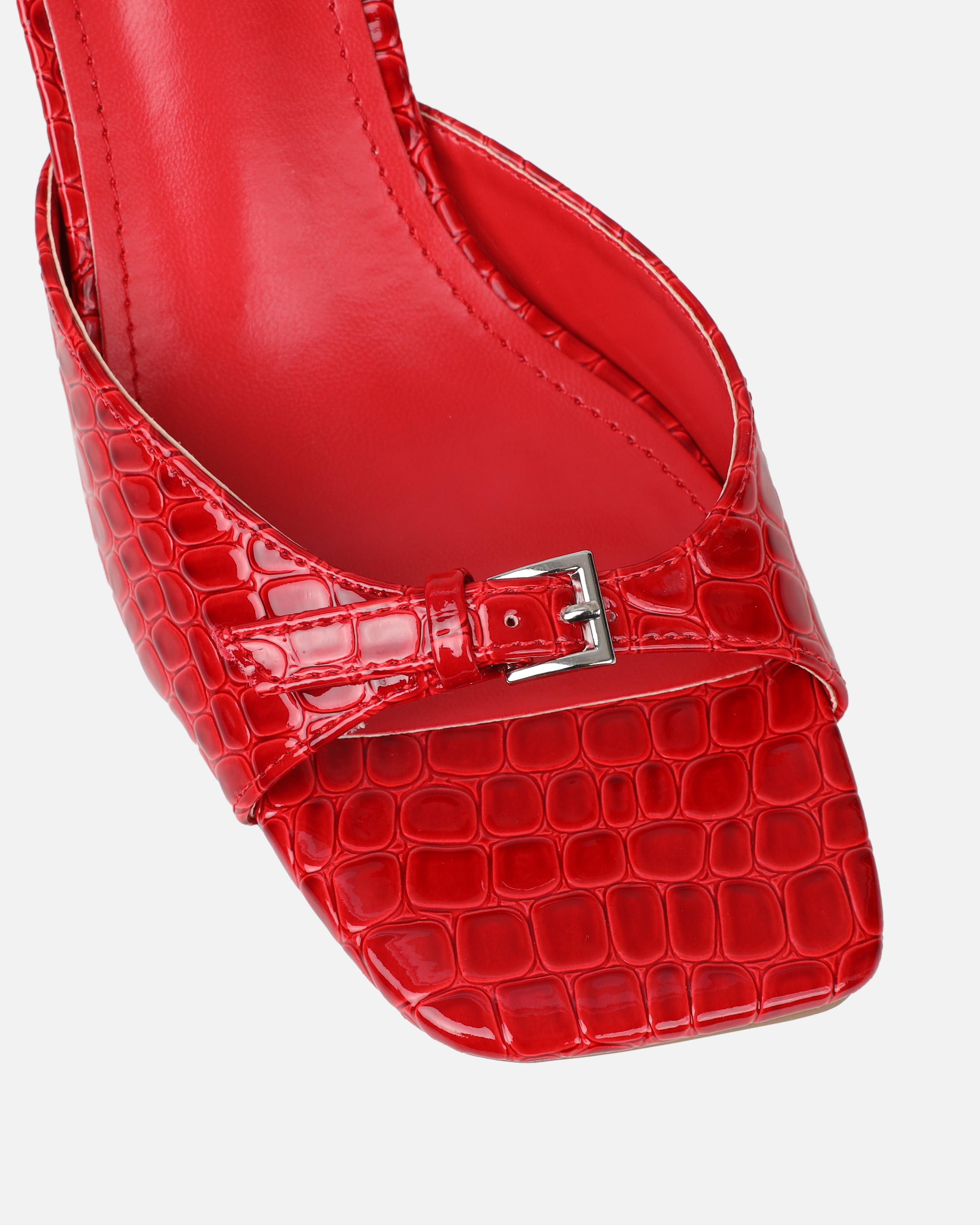 Dotty Red Croc Effect Low Heeled Mules | SIMMI London