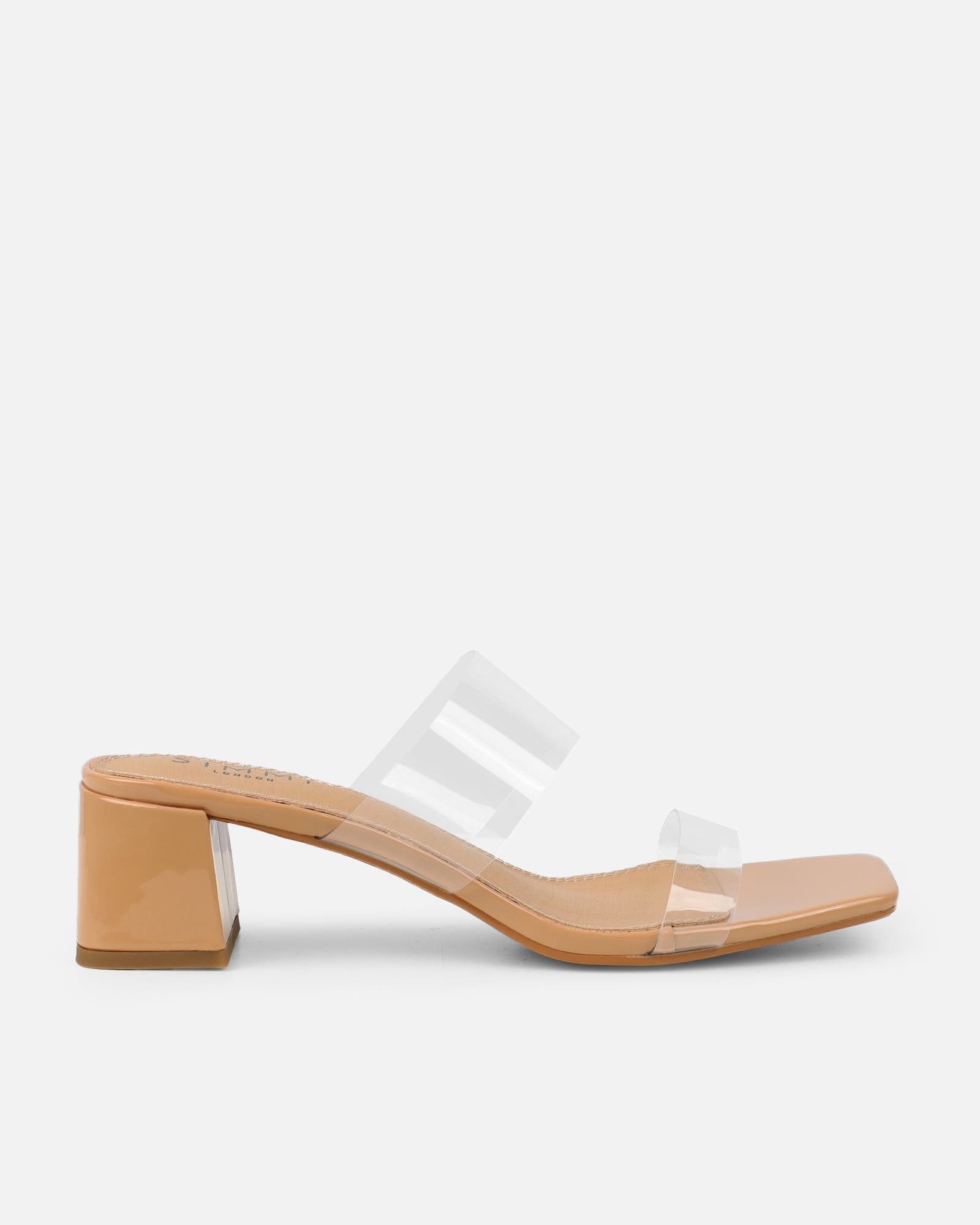 Eadie nude patent clear low block heeled sandals | SIMMI London