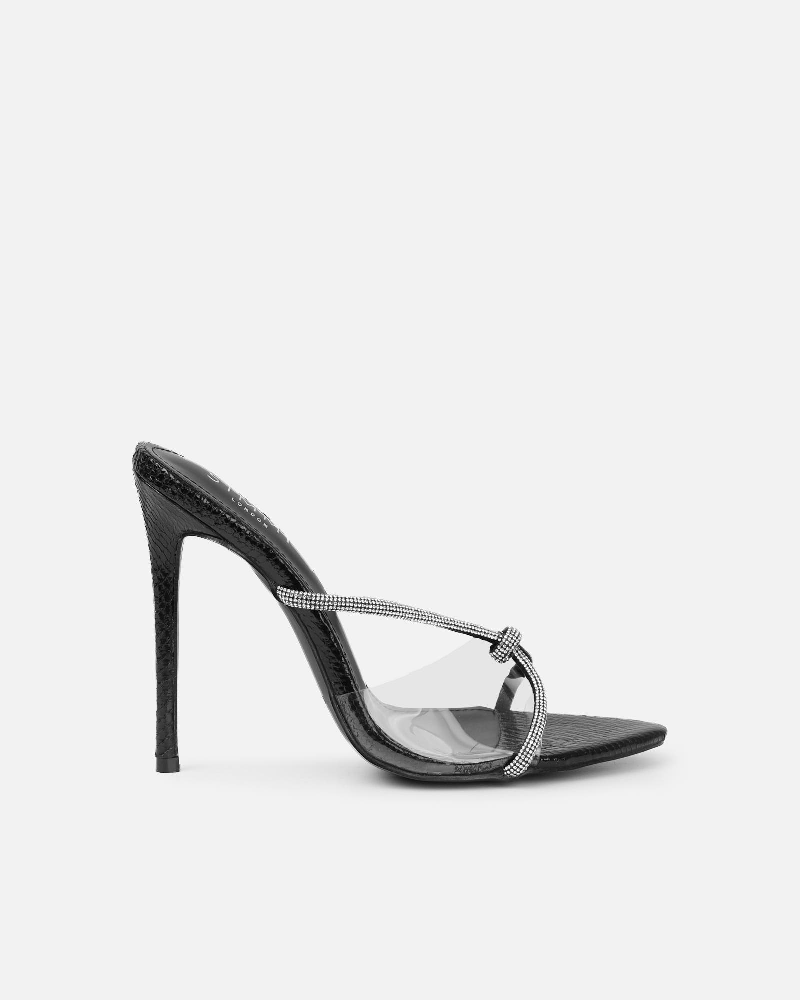 Meriel Black Snake Effect Stiletto Mules | SIMMI London