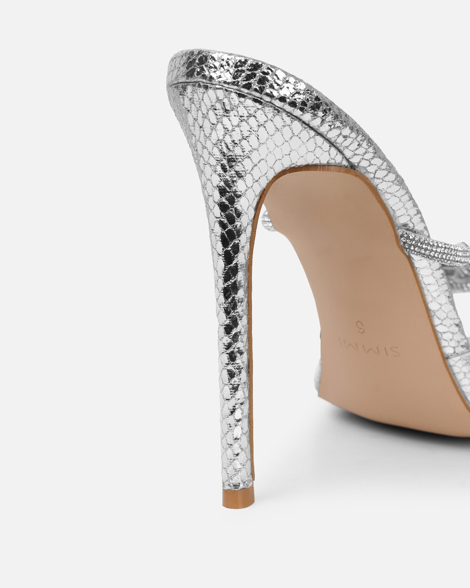 Meriel Silver Snake Effect Stiletto Mules | SIMMI London