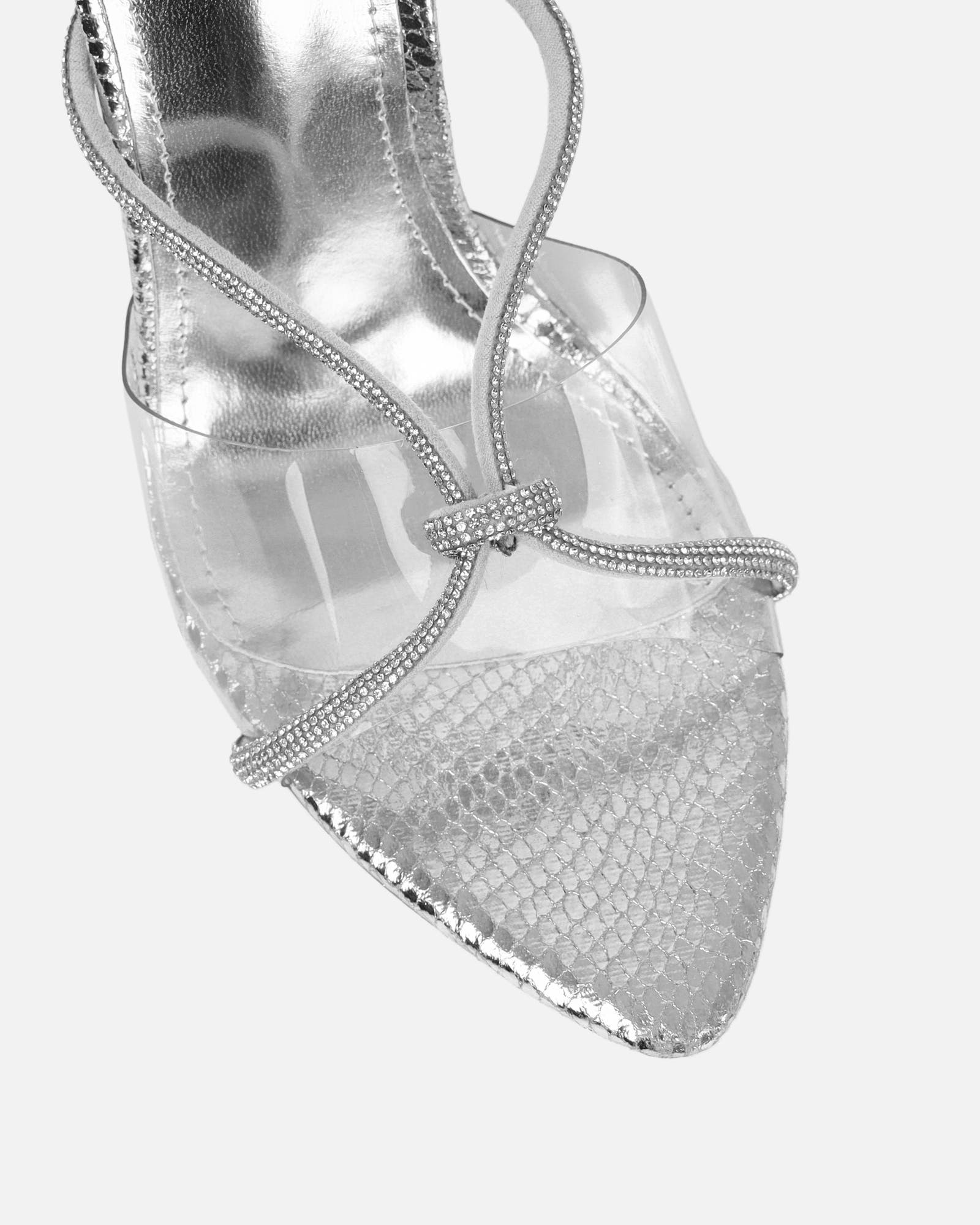 Meriel Silver Snake Effect Stiletto Mules | SIMMI London