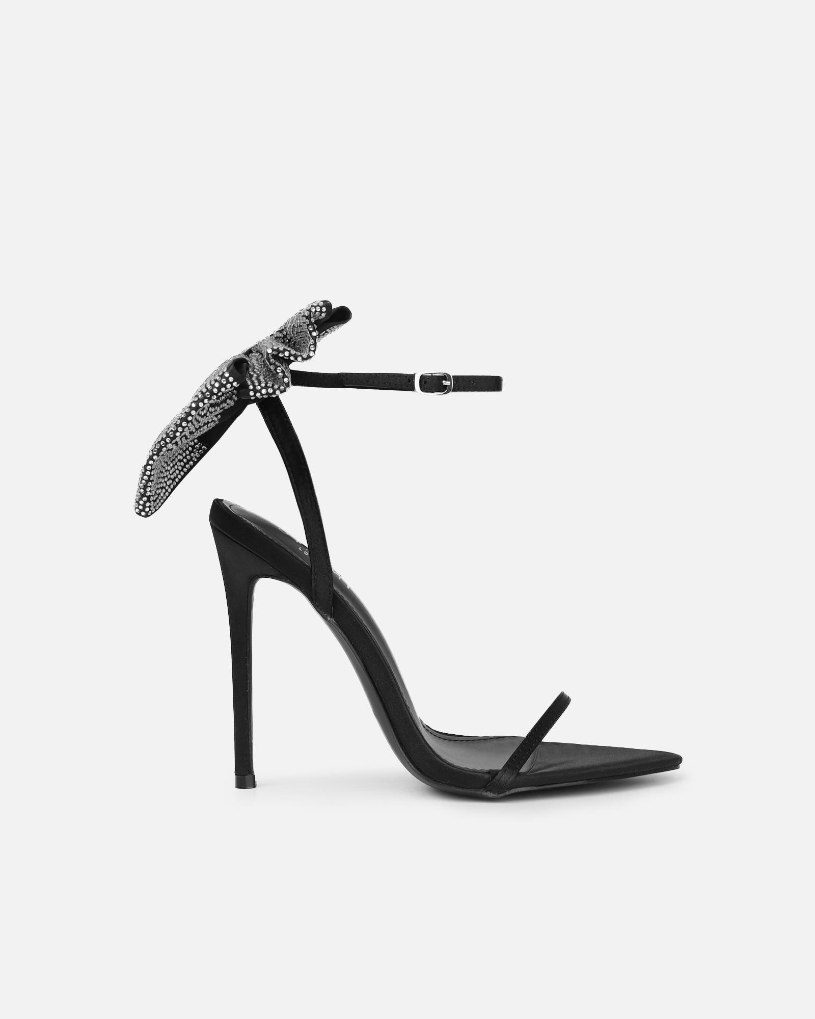Abbah black satin diamante bow heeled sandals | SIMMI London