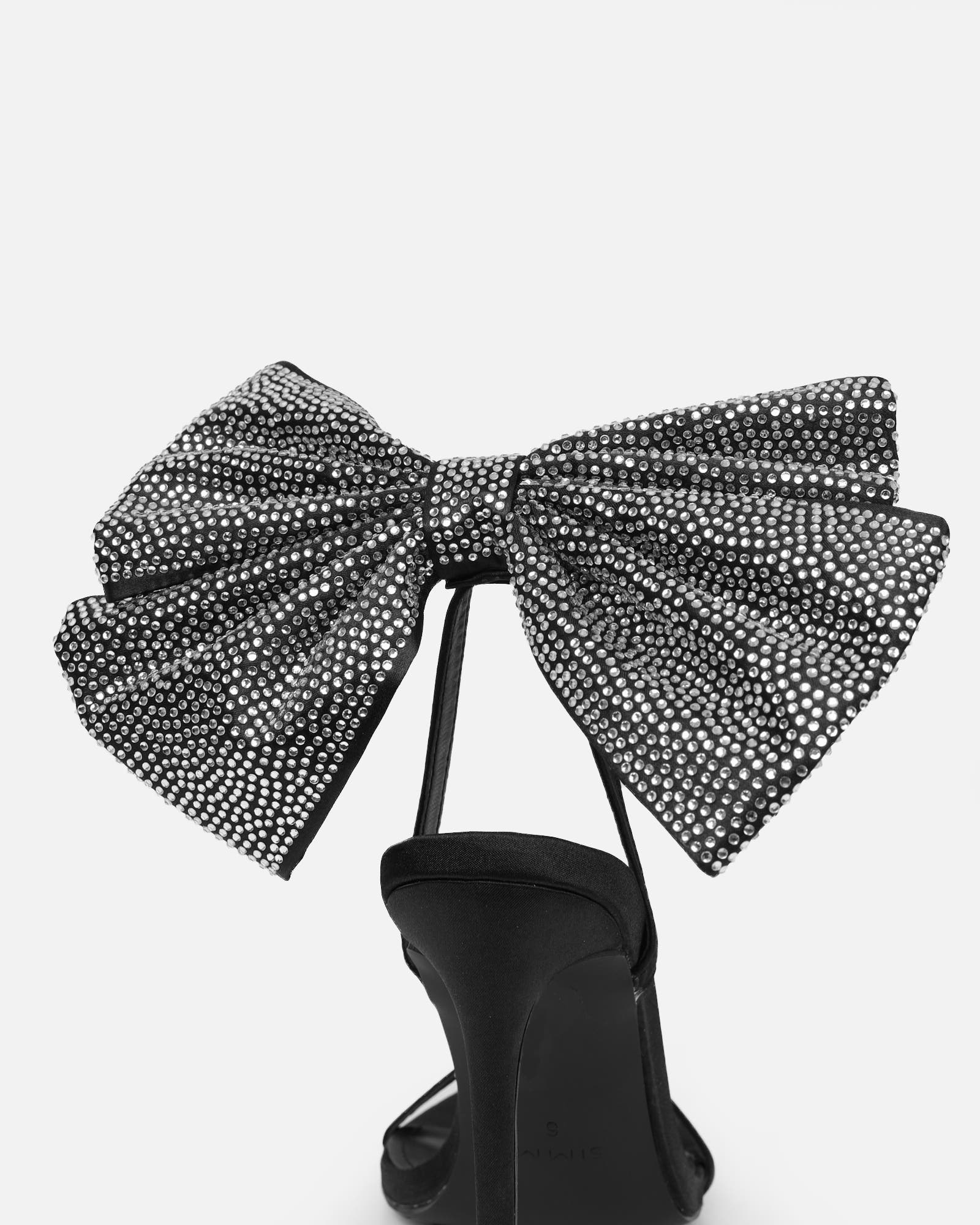 Abbah black satin diamante bow heeled sandals | SIMMI London