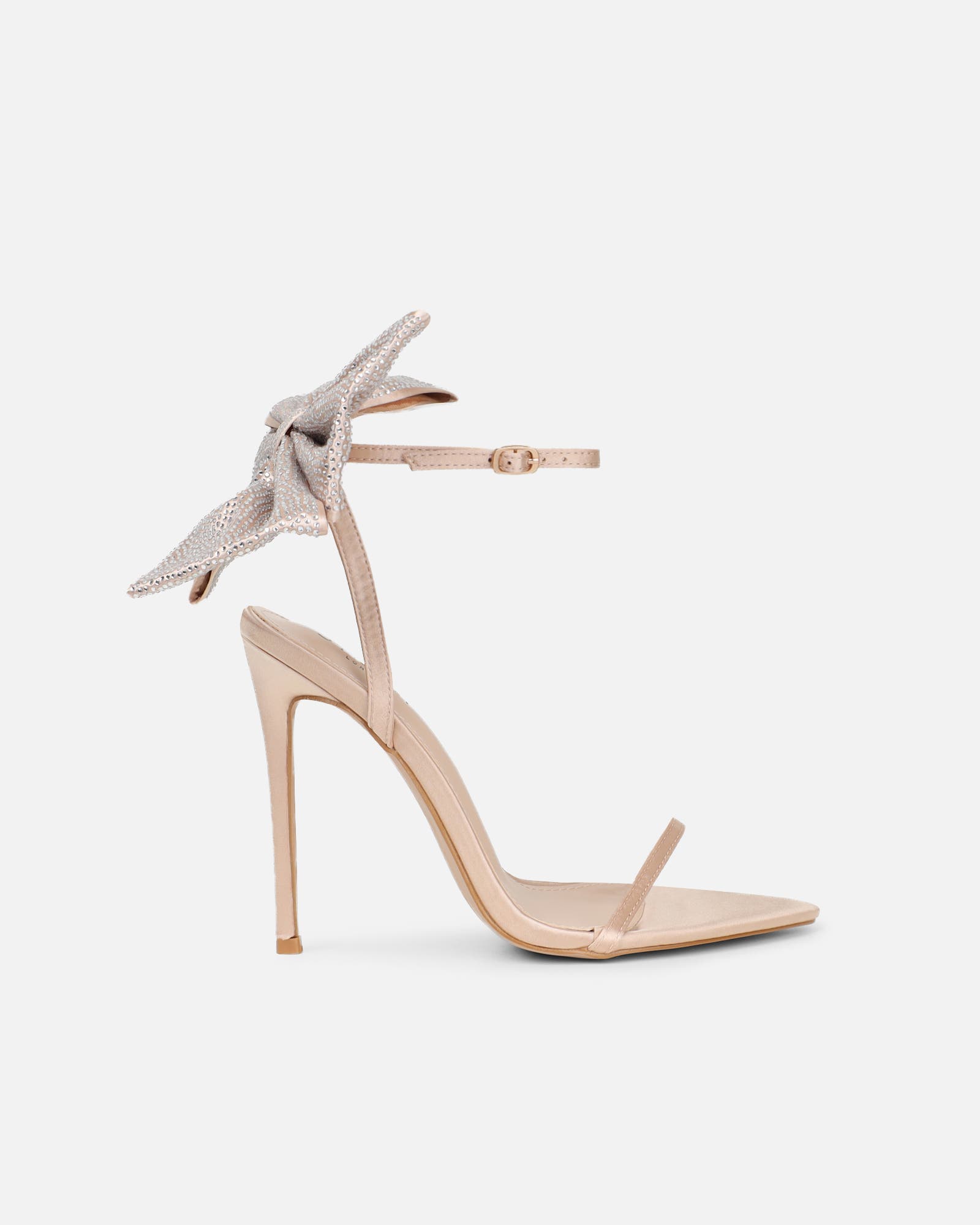 Abbah nude satin diamante bow heeled sandals | SIMMI London
