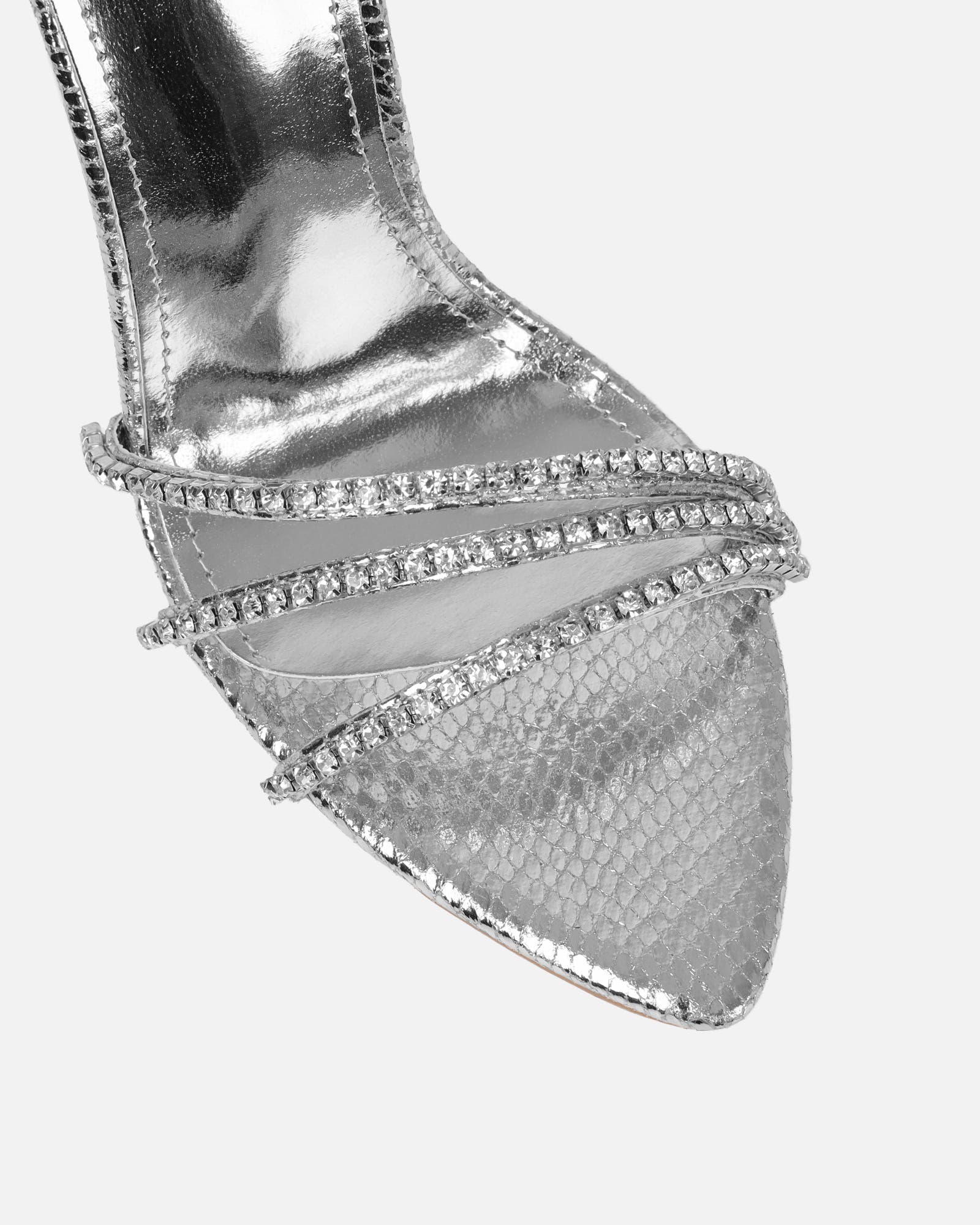 Shakirah Silver Snake Diamante Heeled Sandals | SIMMI London