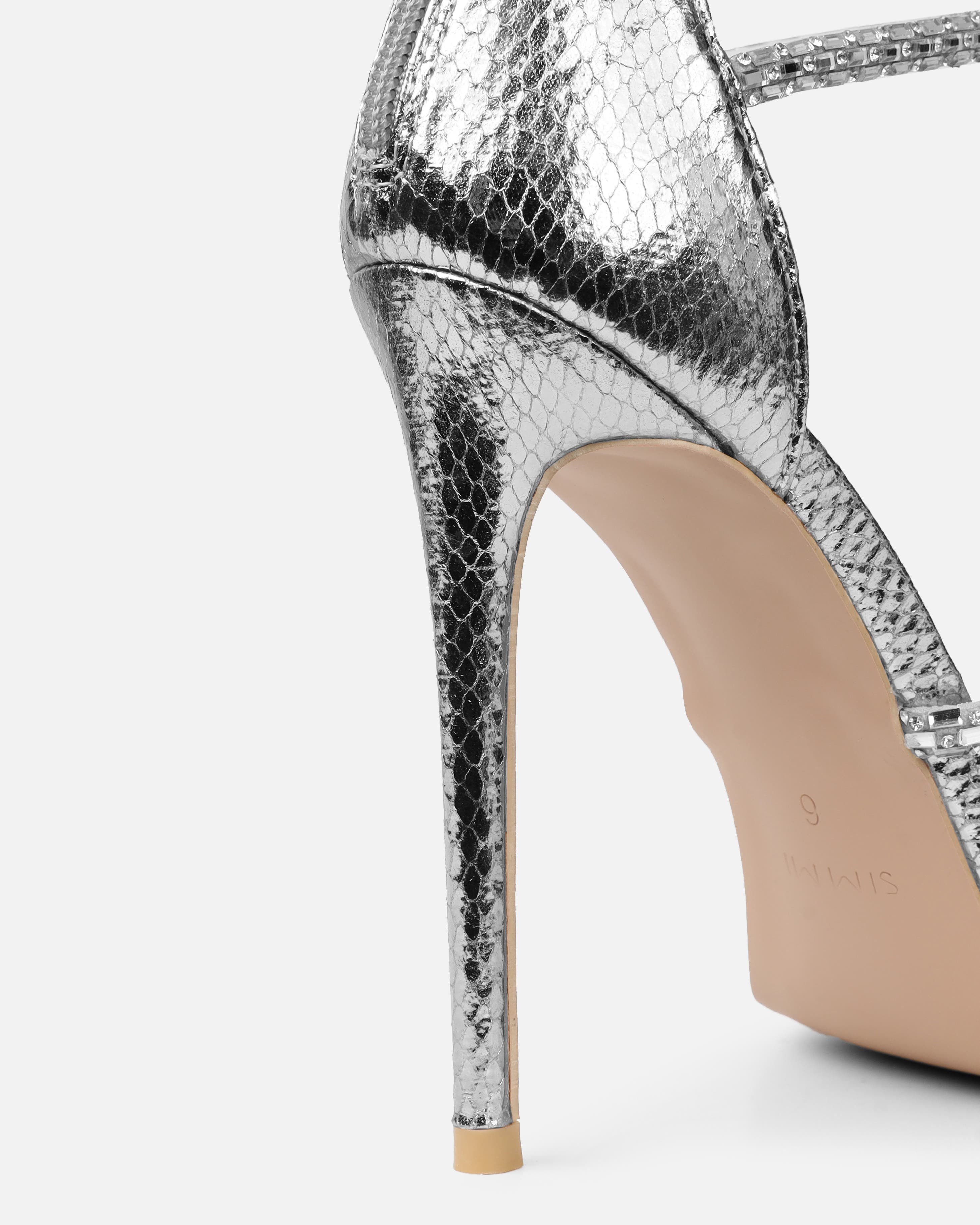 Elba Silver Snake Effect Diamante Heeled Sandals | SIMMI London