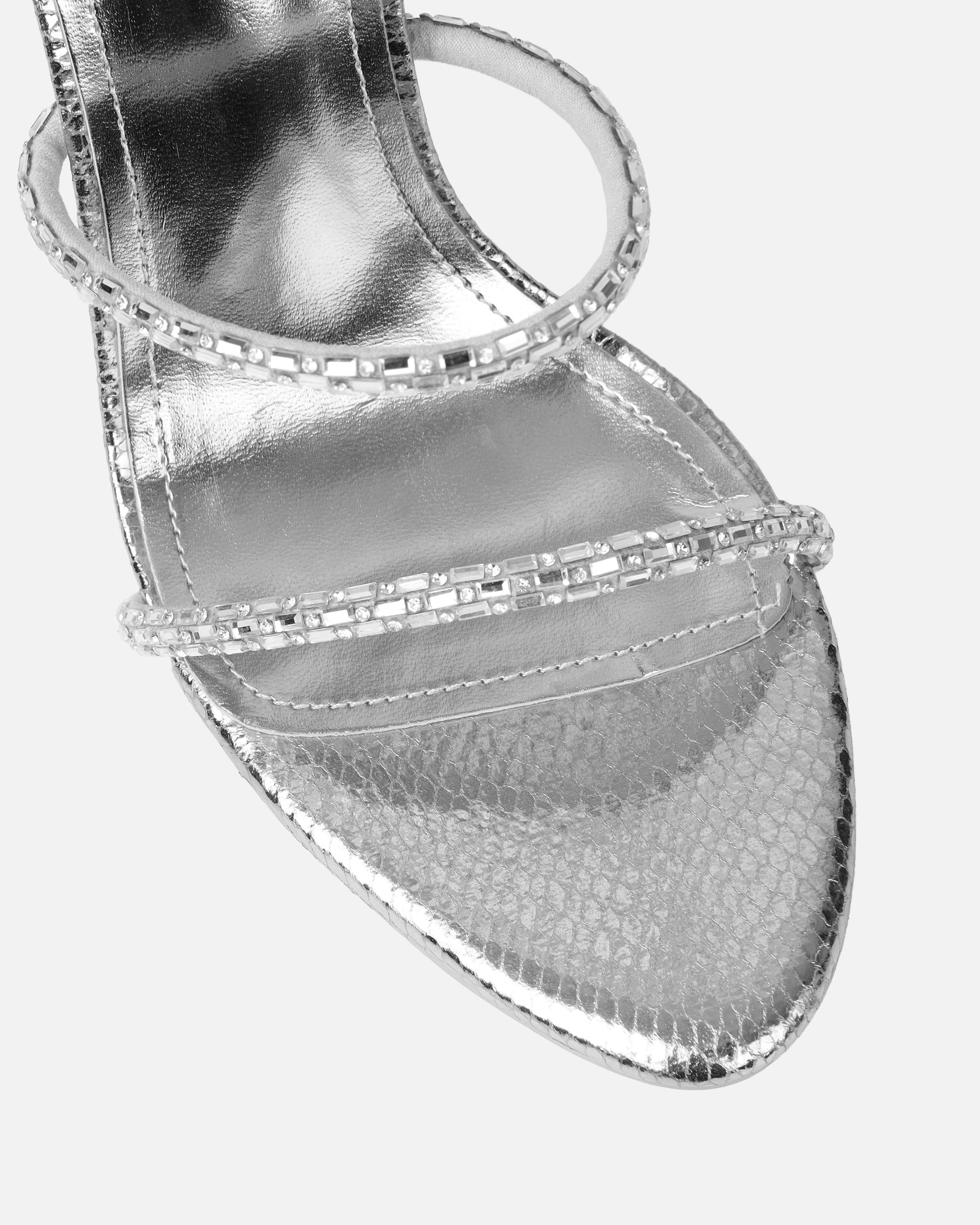 Elba Silver Snake Effect Diamante Heeled Sandals | SIMMI London