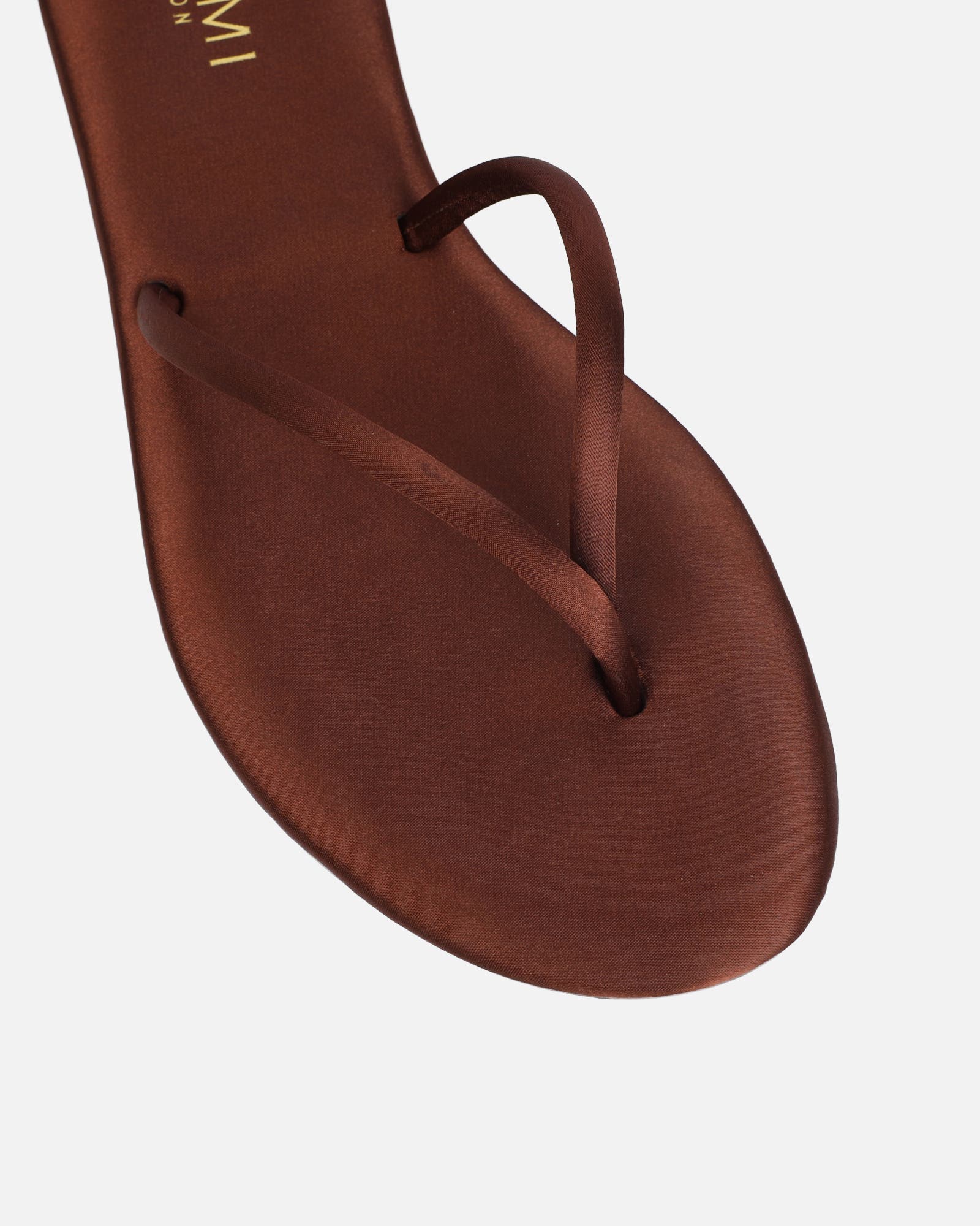 Elmas Chocolate Brown Satin Toe Thong Sandals | SIMMI London