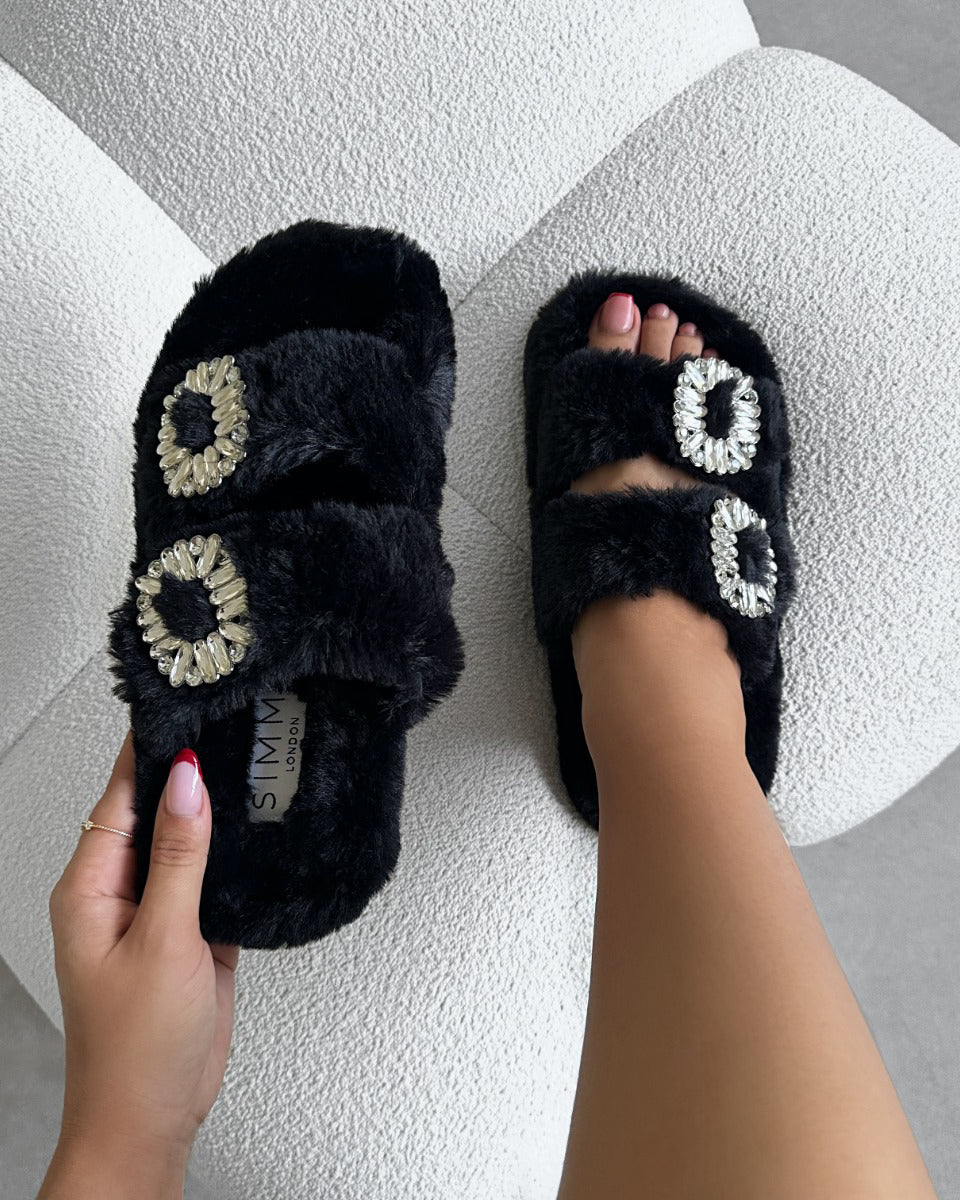 Womens Slippers Fuzzy Black Sandals Evelyn Black Faux Fur Diamante