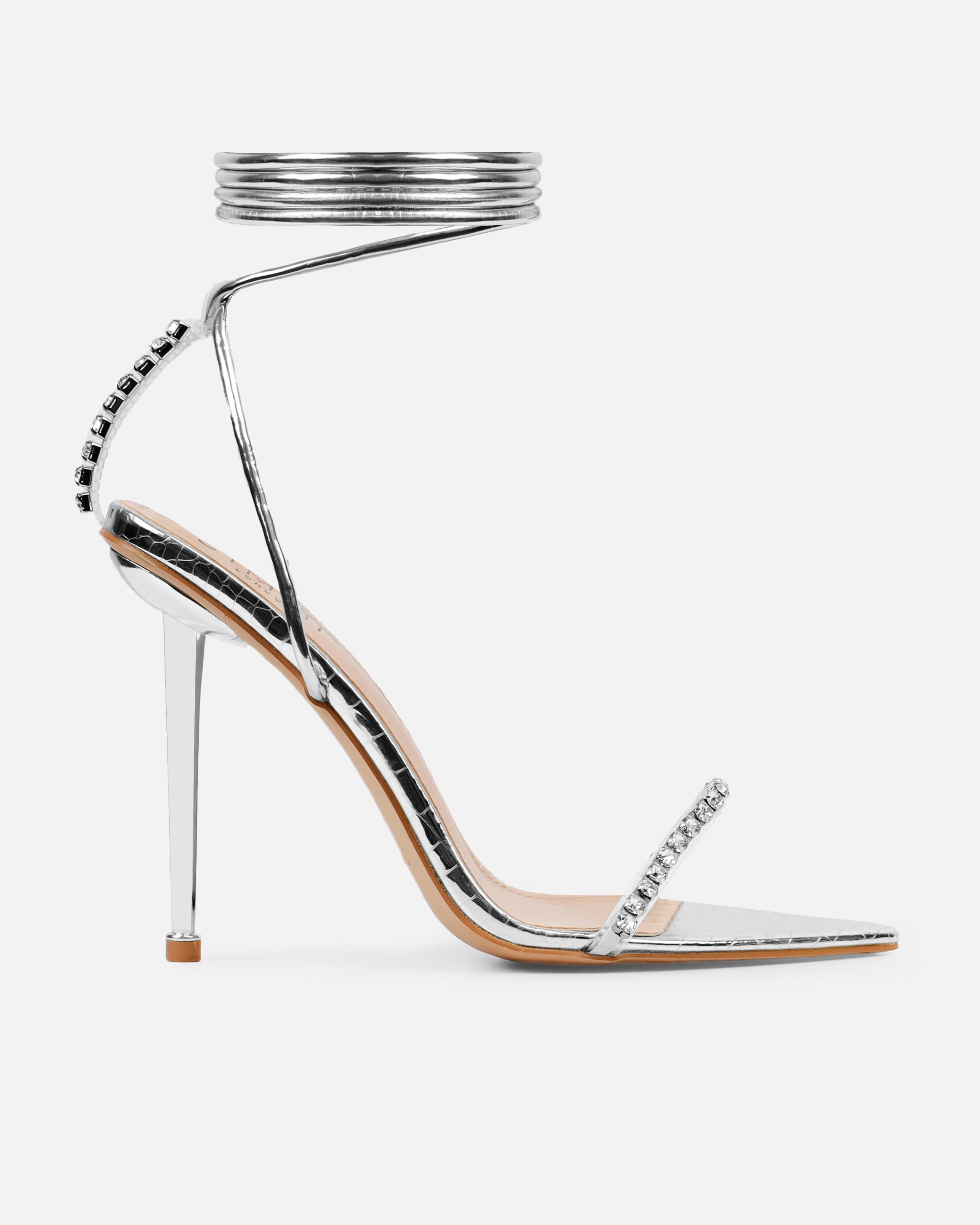 Felicity Silver Mirror Faux Snake Diamante Heels | SIMMI London