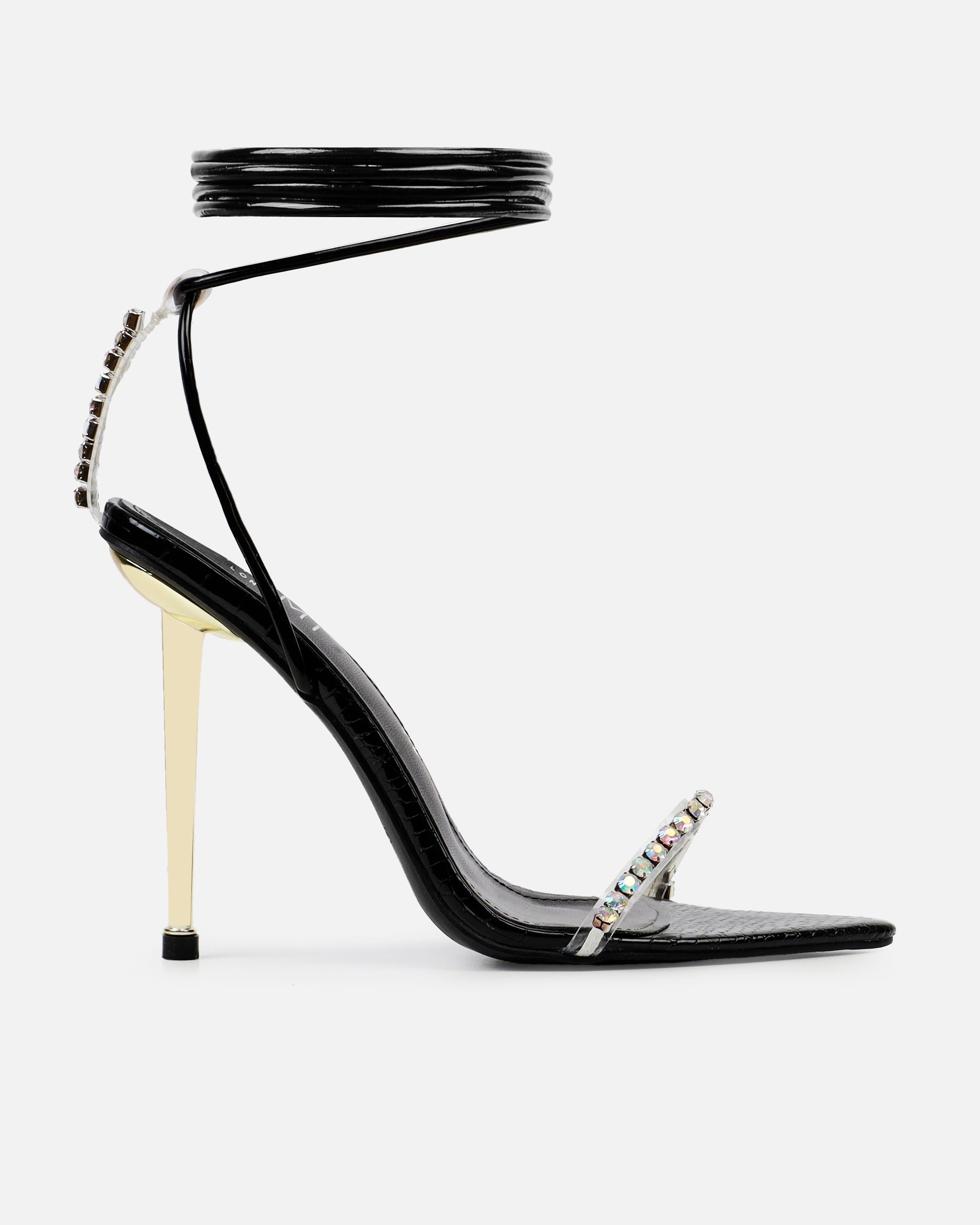 Felicity Black Patent Faux Snake Diamante Heels | SIMMI London
