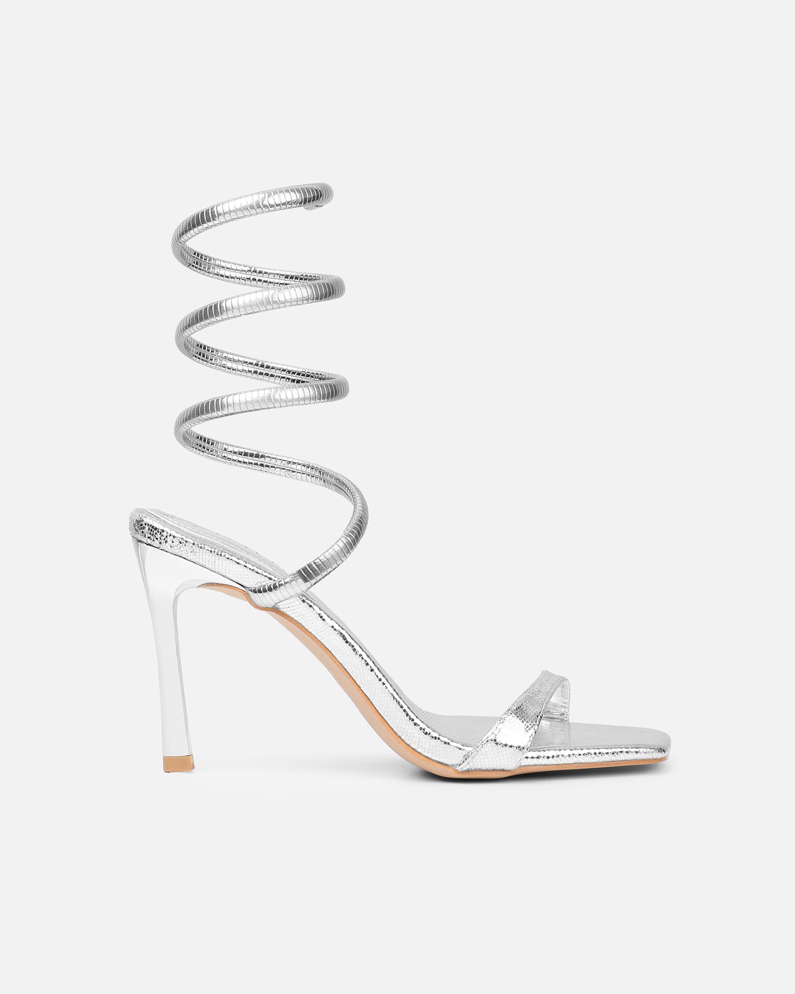 Fenya silver lizard effect spiral heeled sandals | SIMMI London