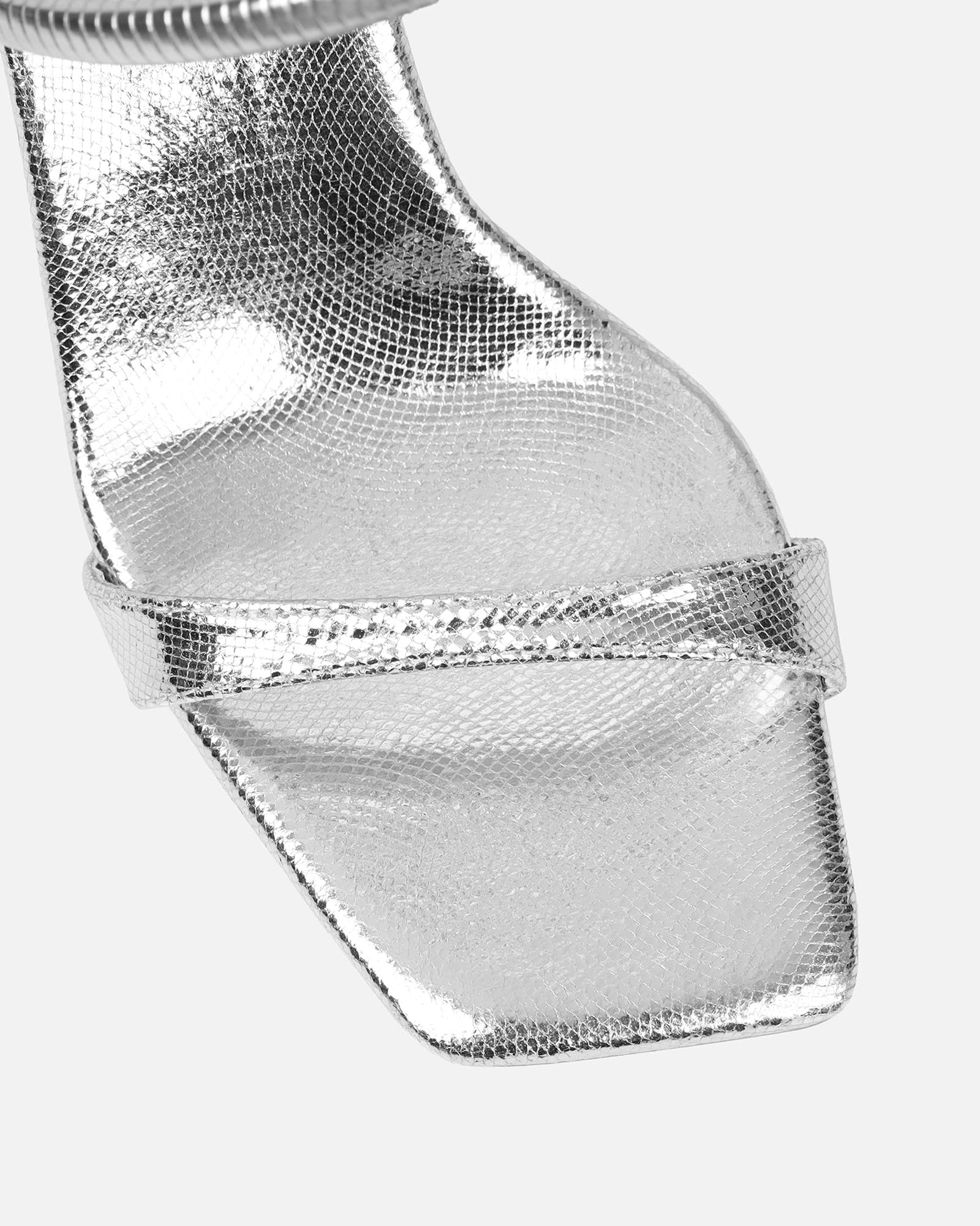 Fenya silver lizard effect spiral heeled sandals | SIMMI London