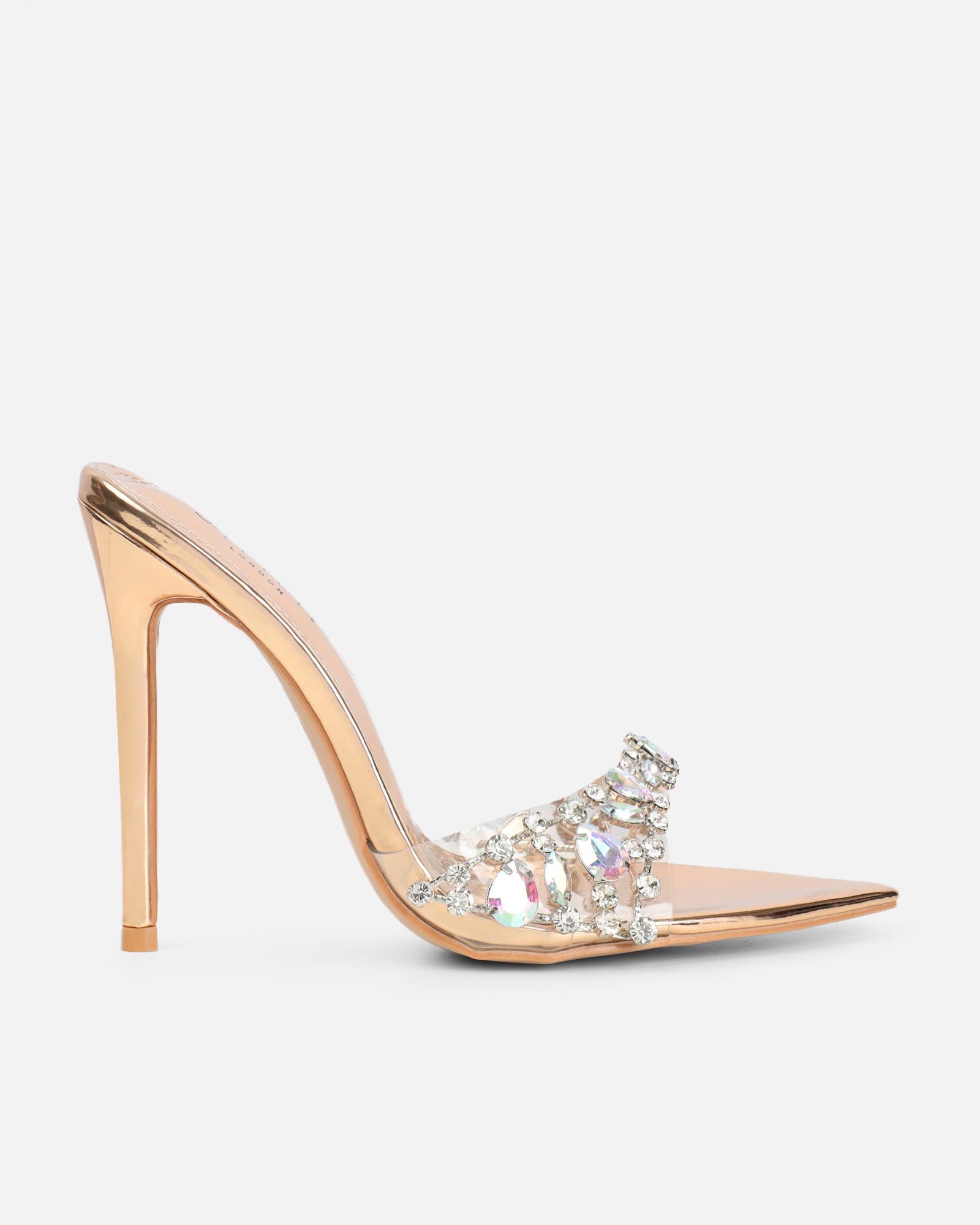 Fatima Rose Gold Mirror Diamante Stiletto Mules | SIMMI London