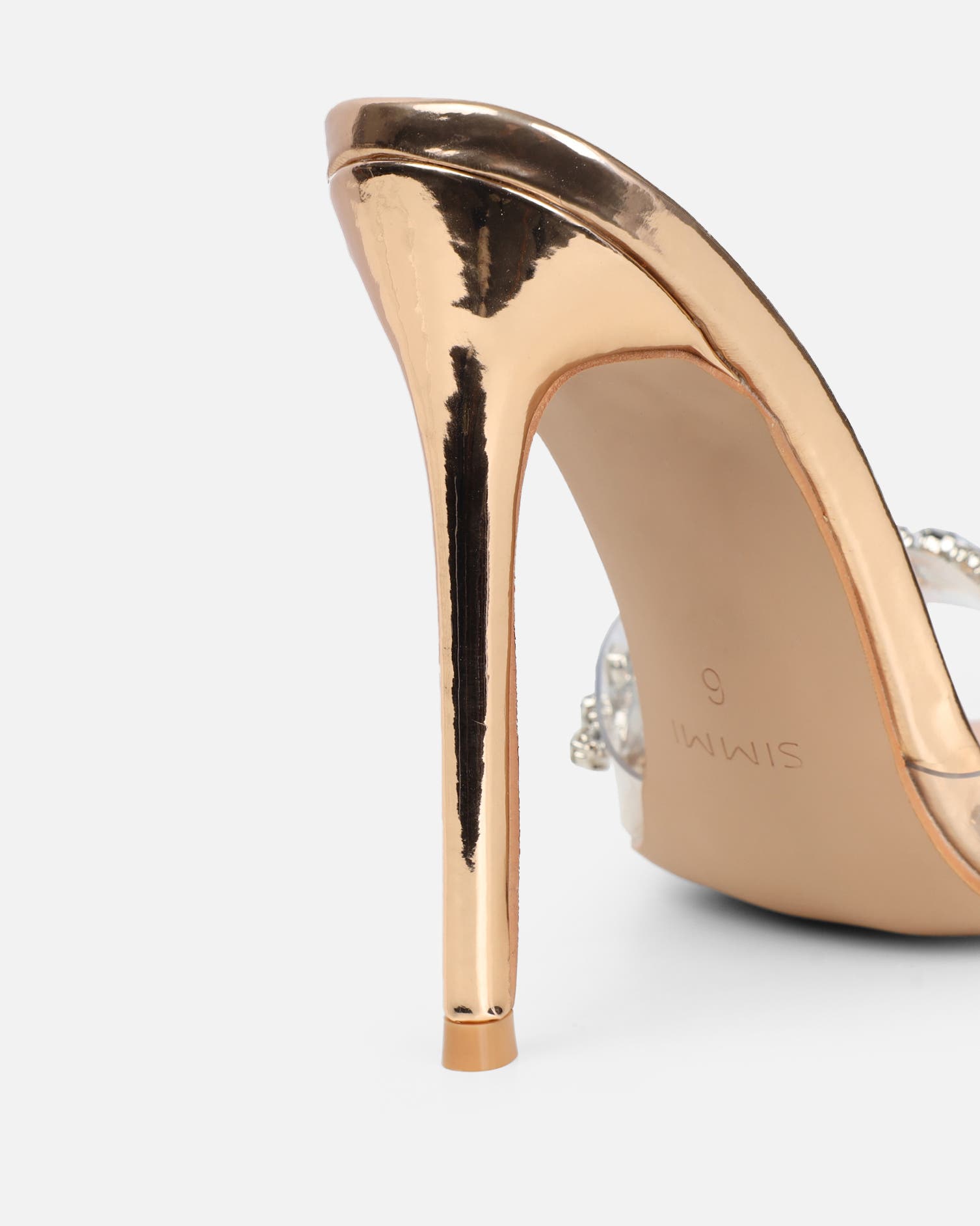 Fatima Rose Gold Mirror Diamante Stiletto Mules | SIMMI London