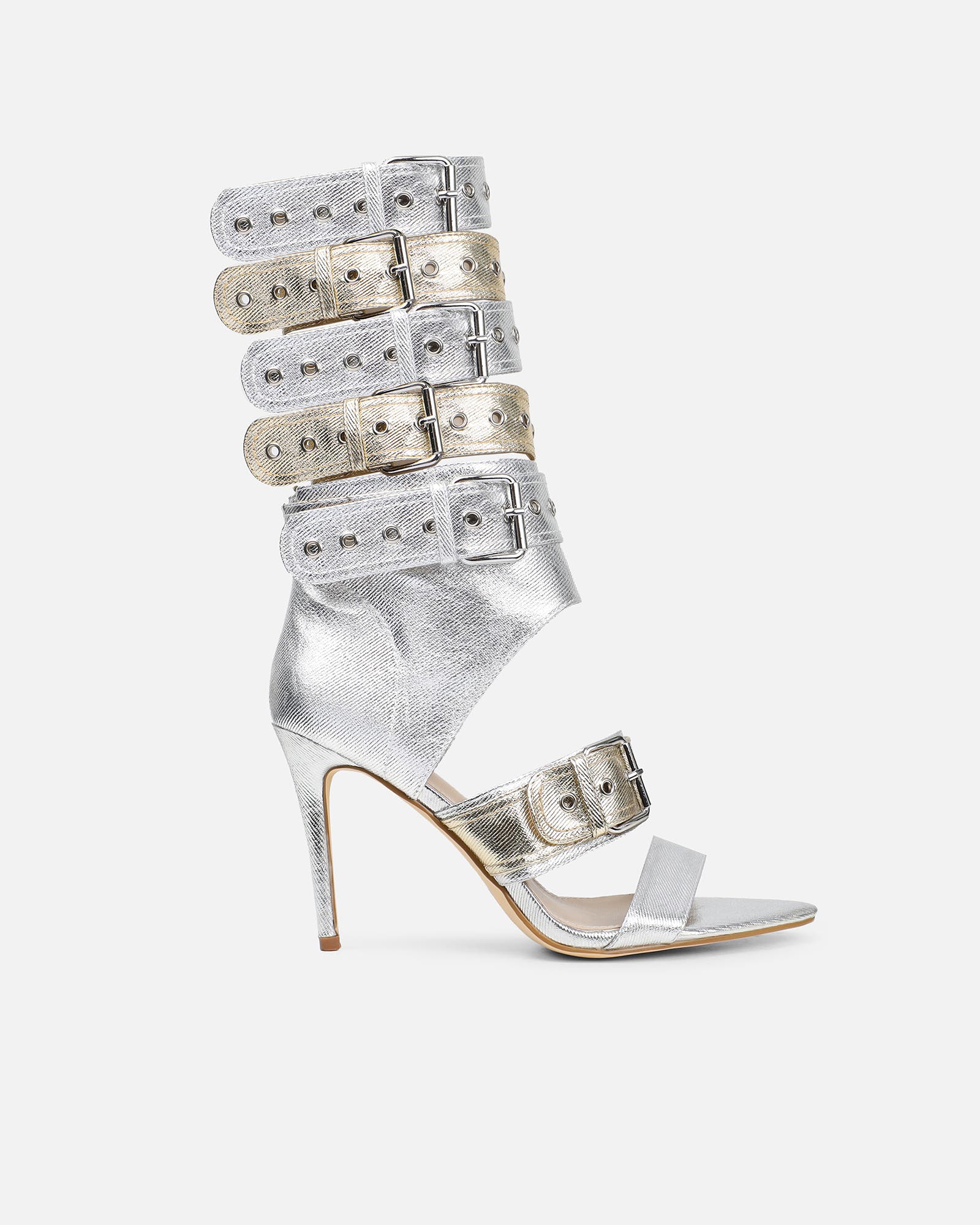Goldie Silver And Gold Cut Out Buckle Detail Heeled Sandals | SIMMI London