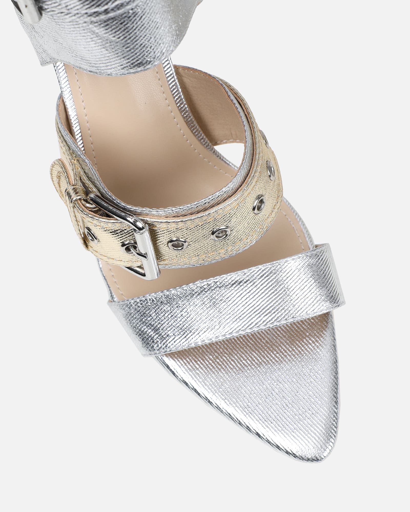 Goldie Silver And Gold Cut Out Buckle Detail Heeled Sandals | SIMMI London