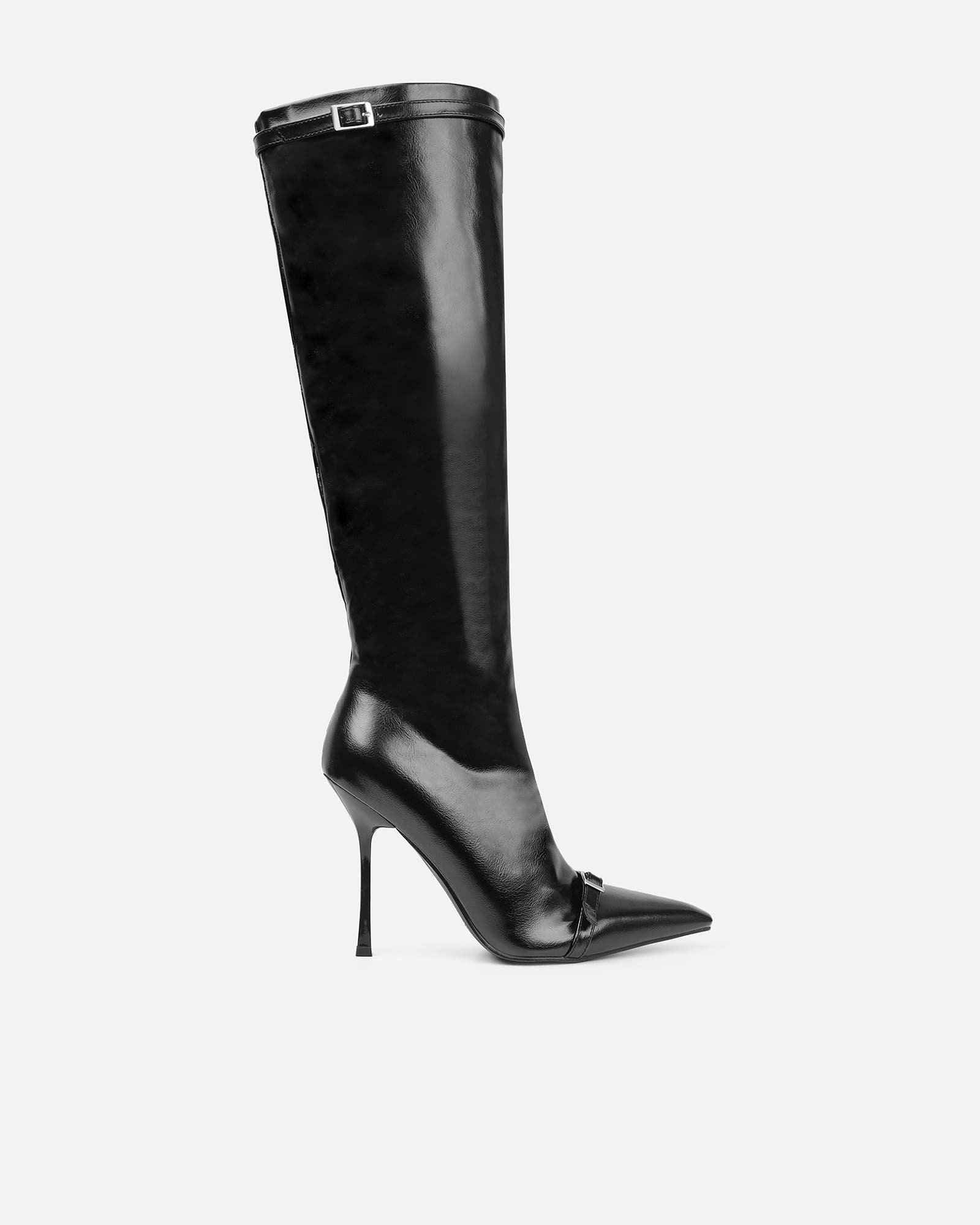 Hade Black Buckle Detail Heeled Knee Boots | SIMMI London