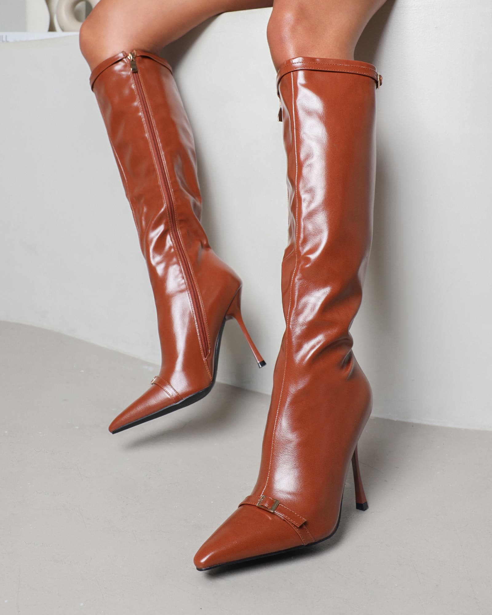 Hade Tan Buckle Detail Heeled Knee Boots | SIMMI London