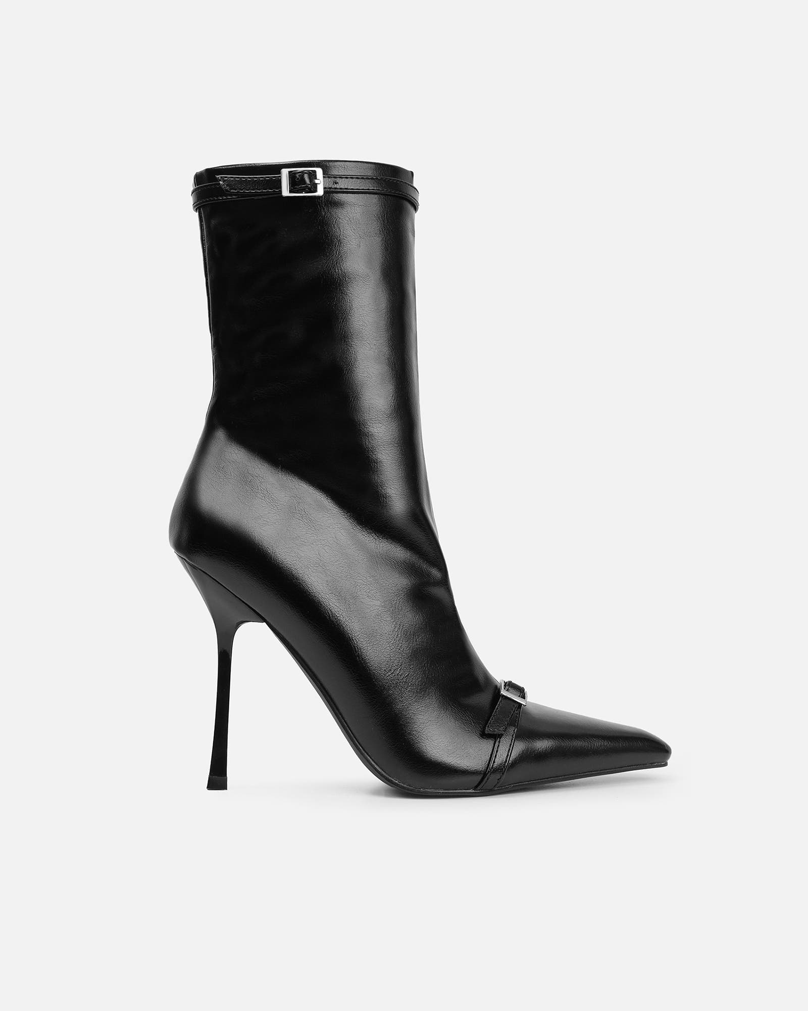 Liam Black Buckle Detail Smart Heeled Ankle Boots | SIMMI London