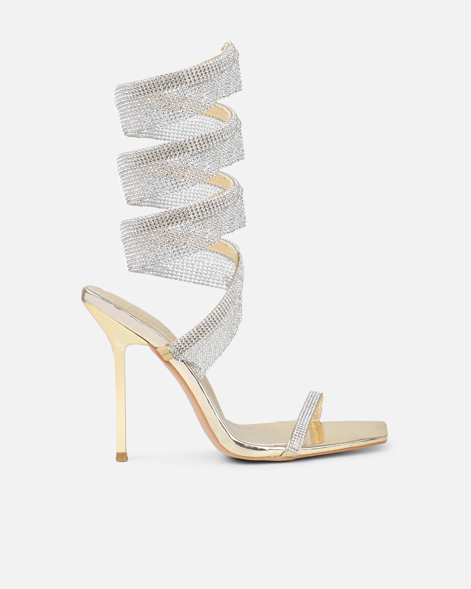 Javana gold mirror diamante spiral heeled sandals | SIMMi London