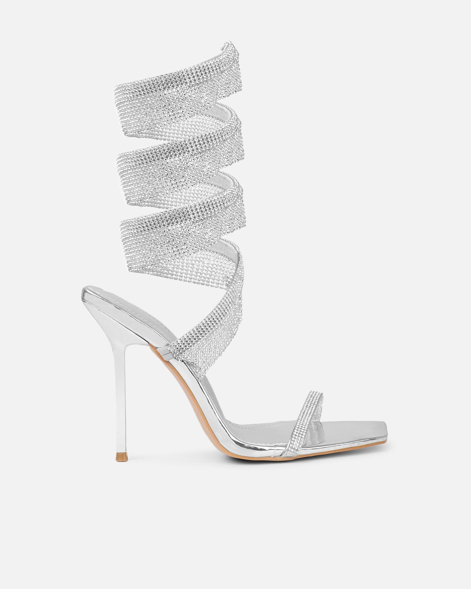 Javana silver mirror diamante spiral heeled sandals | SIMMI London