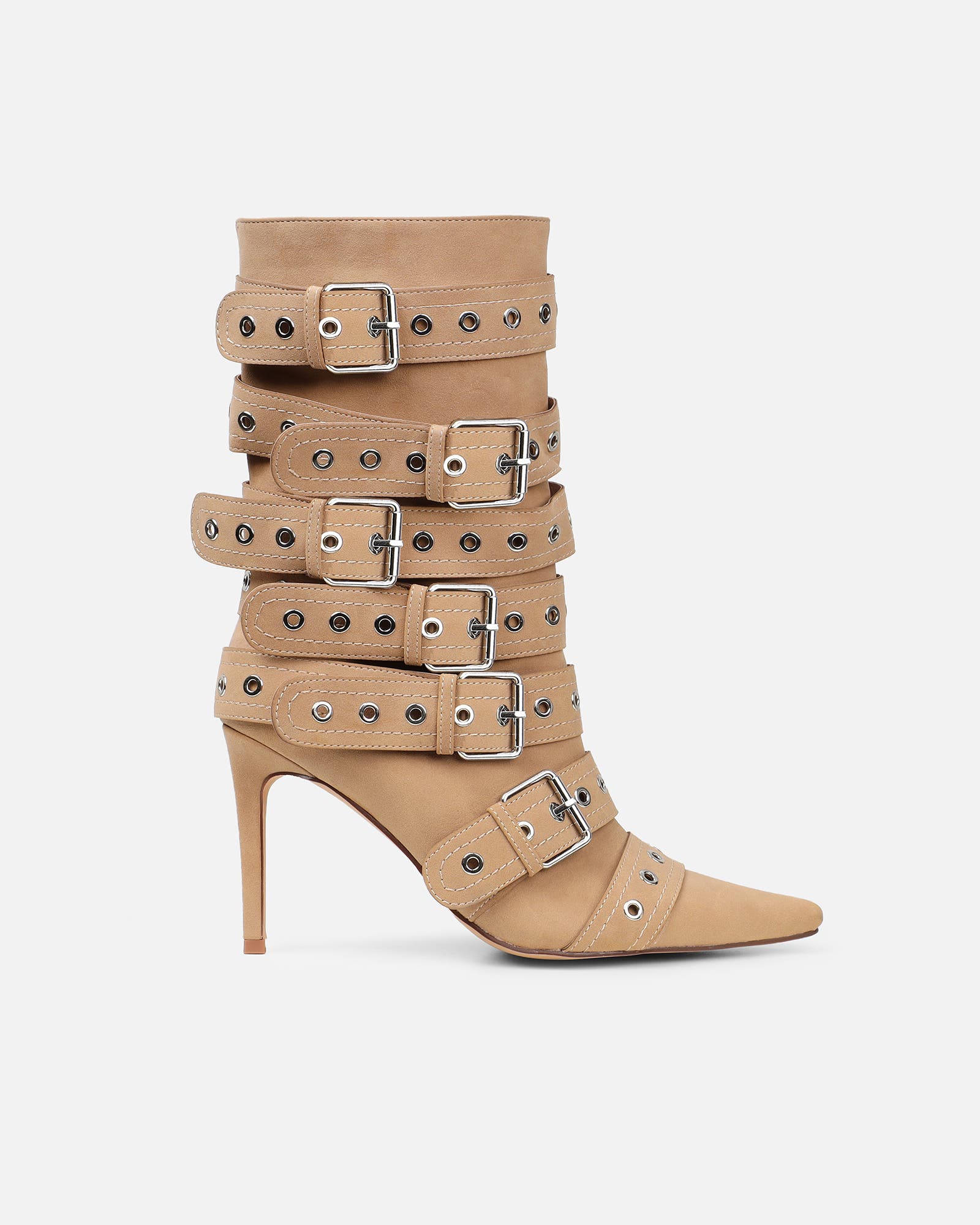 Keagon Camel Nubuck Multi Buckle Heeled Boots | SIMMI London