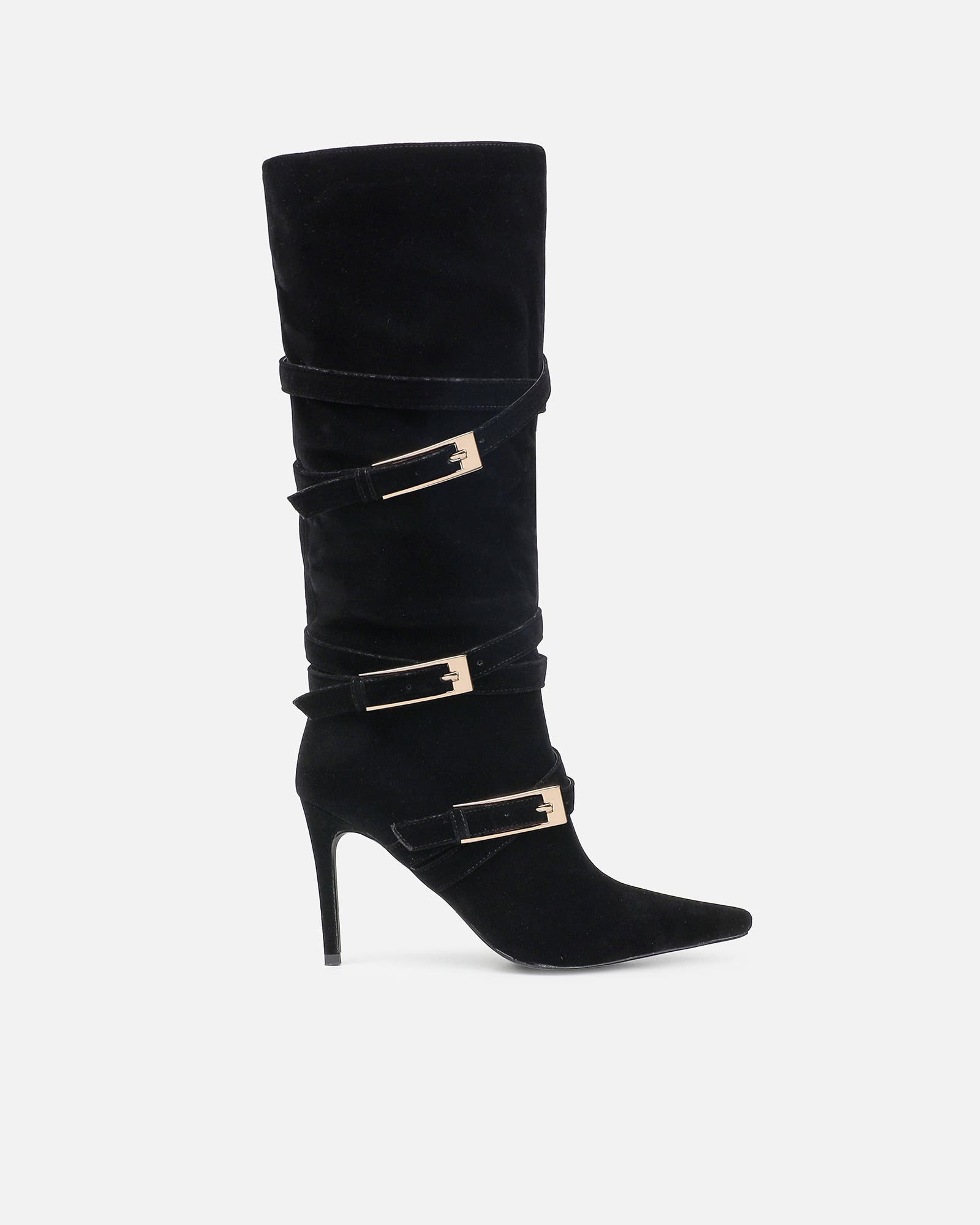 Kingston Black Suede Buckle Knee Boots | SIMMI London