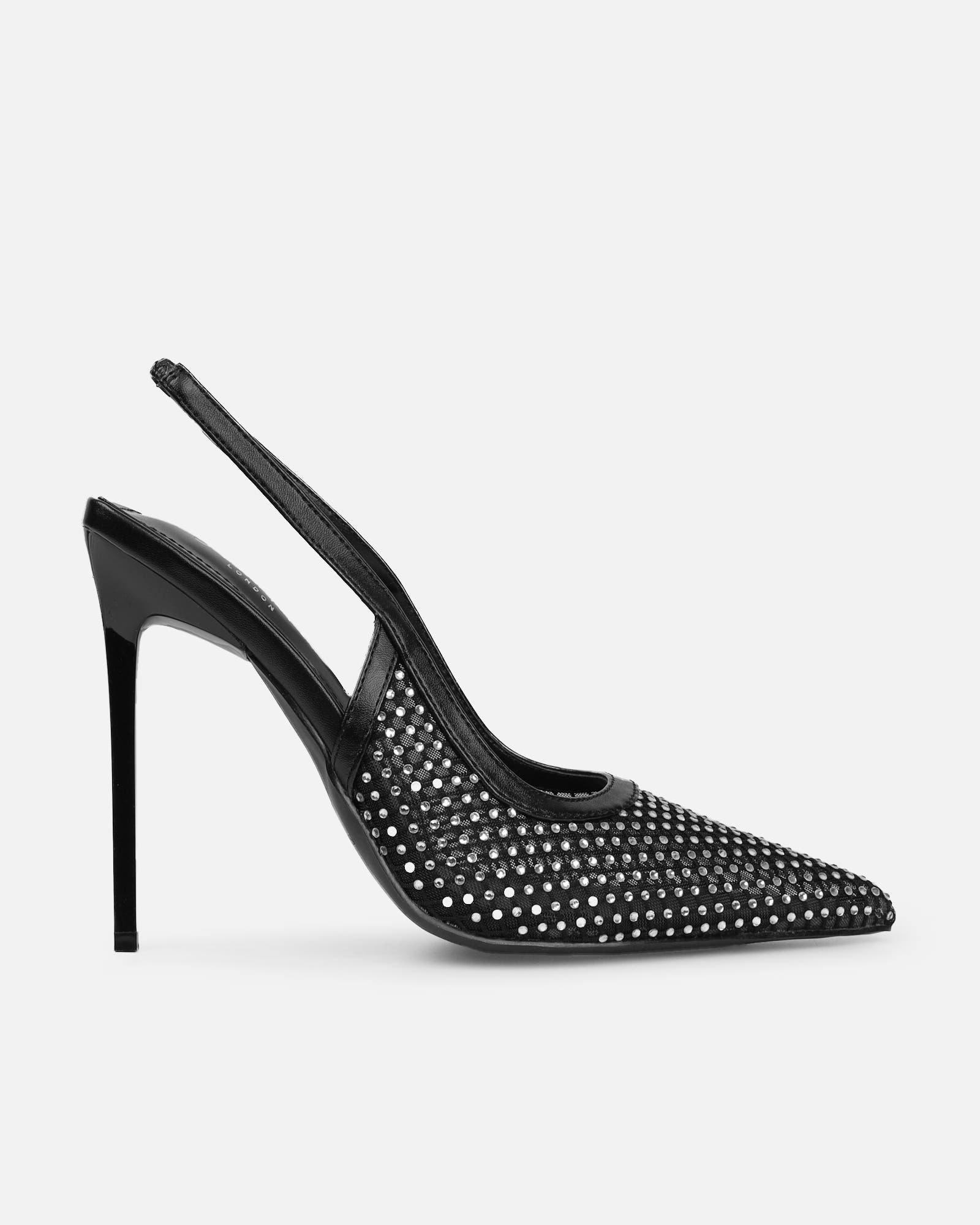Lailla Black Mesh Diamante Sling Back Court Shoes | SIMMI London
