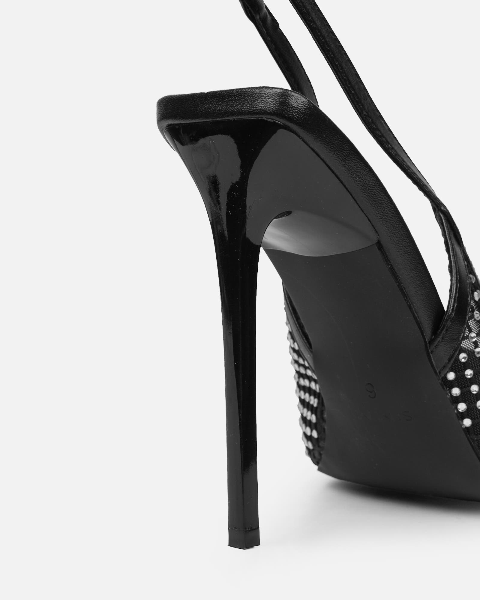 Lailla Black Mesh Diamante Sling Back Court Shoes | SIMMI London