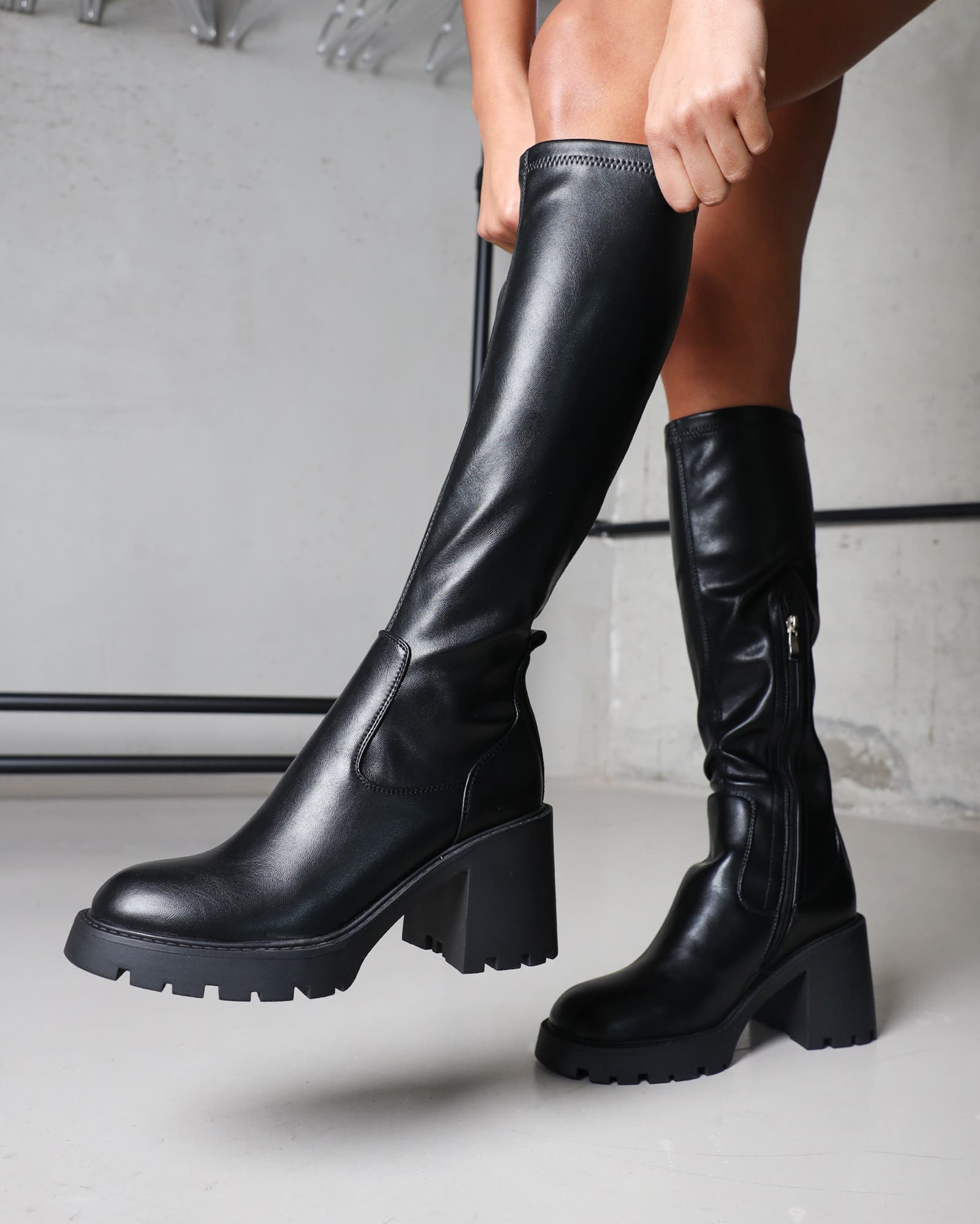 Bryce Black Stretch Knee High Chunky Boots | SIMMI London