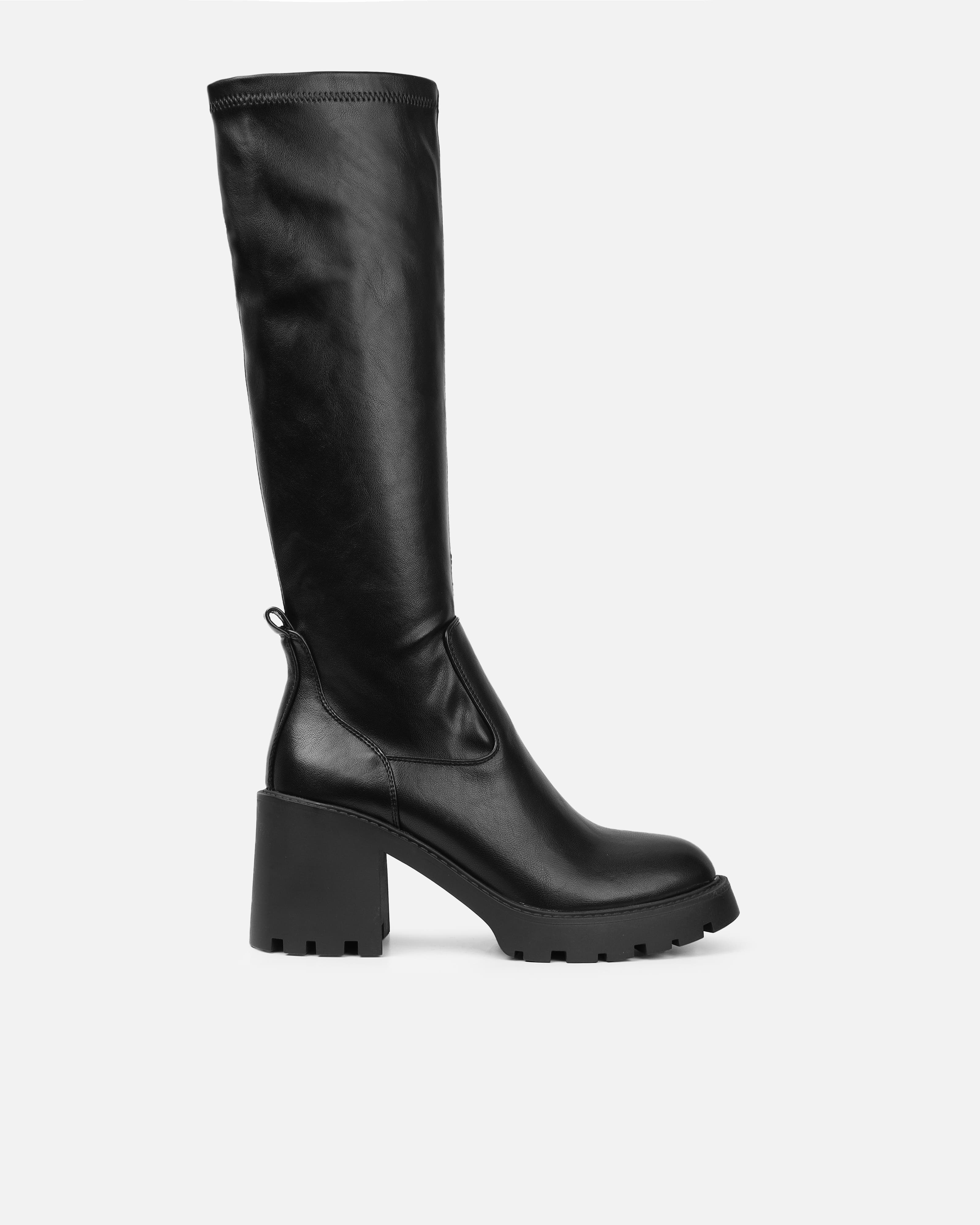 Bryce Black Stretch Knee High Chunky Boots | SIMMI London