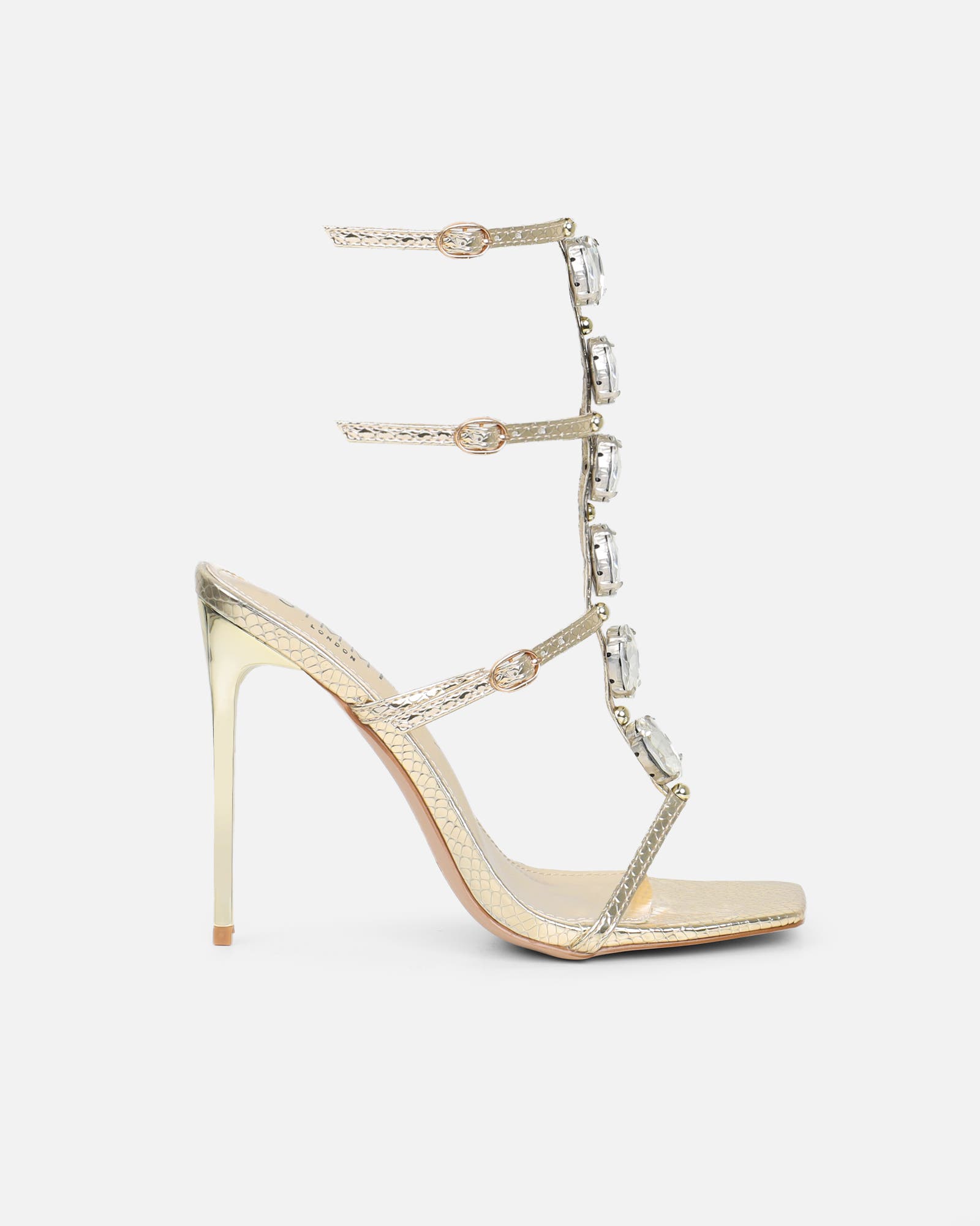 Leamy Gold Mirror Jeweled Heeled Sandals | SIMMI London