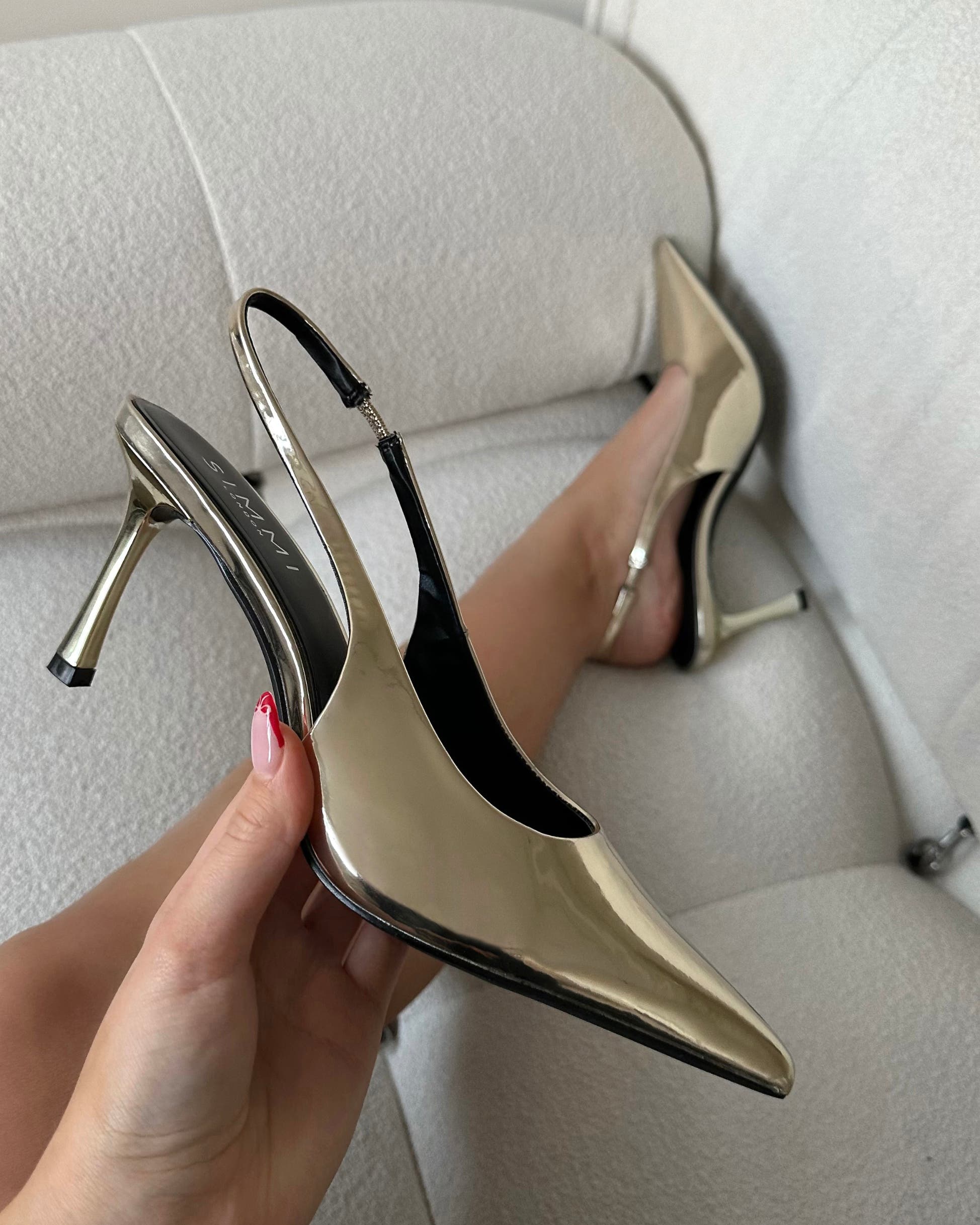 Liorra Gold Mirror Sling Back Mid Heeled Shoes | SIMMI London