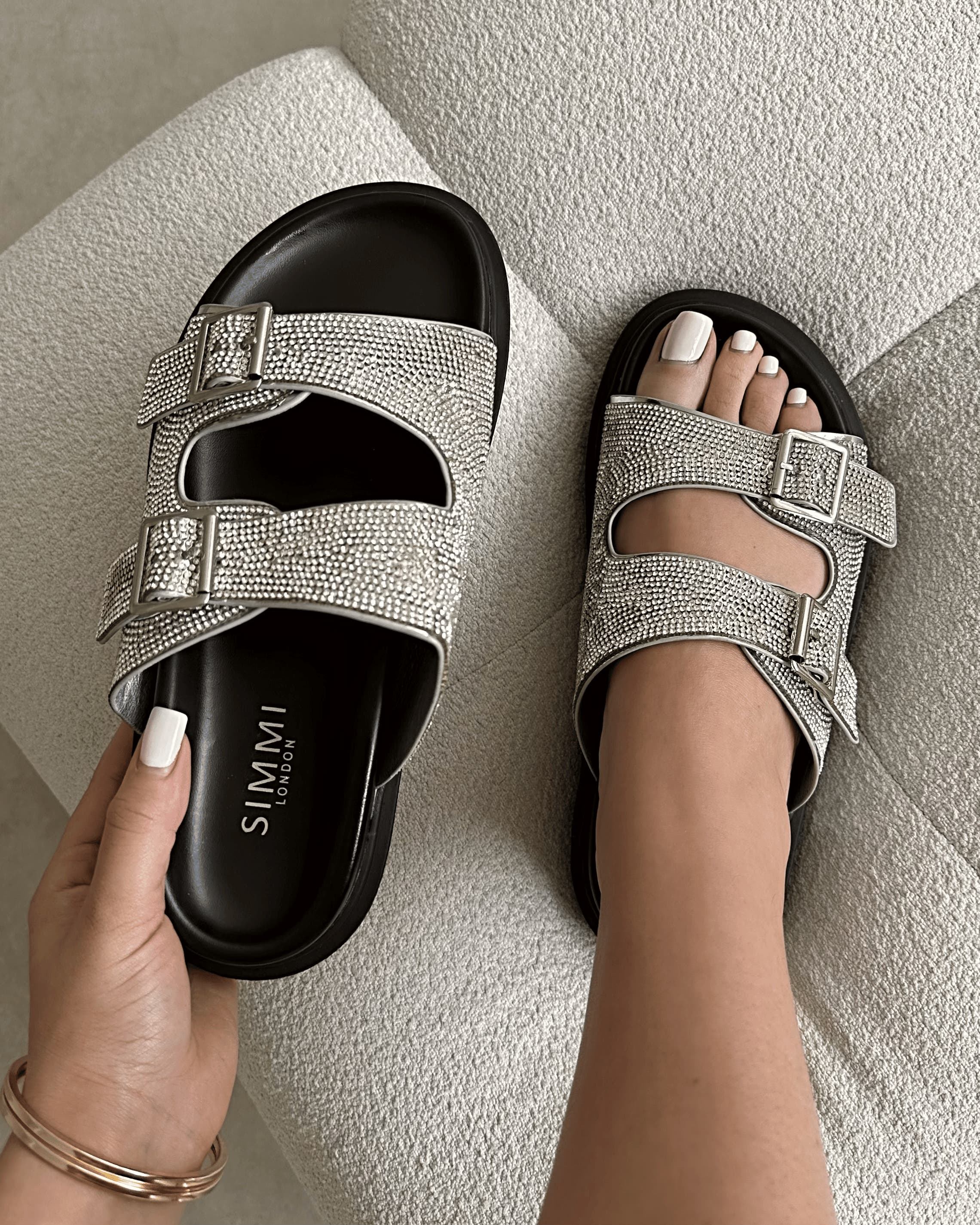 Lynn Silver Diamante Double Strap Slider Sandals | SIMMI London