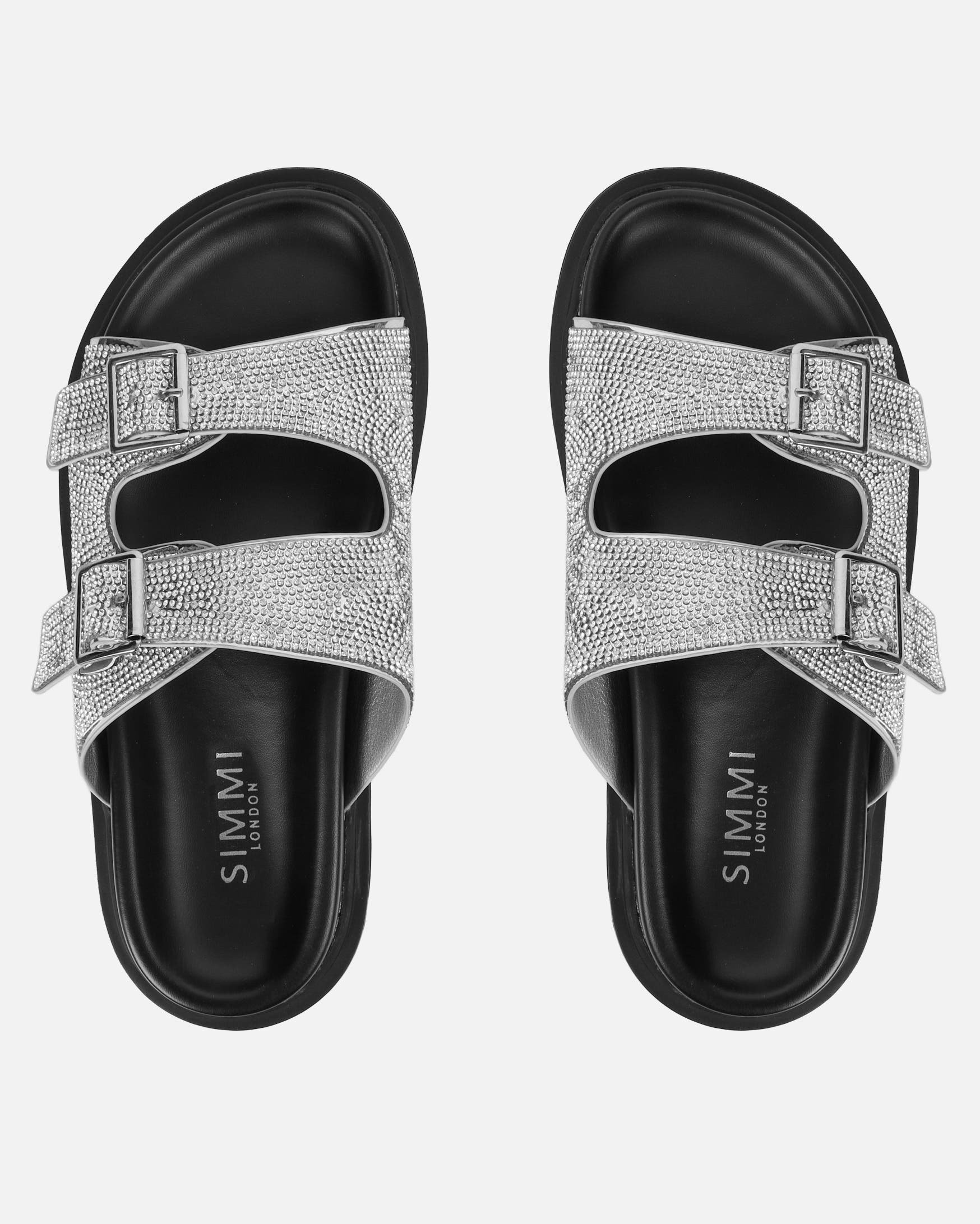 Lynn Silver Diamante Double Strap Slider Sandals | SIMMI London