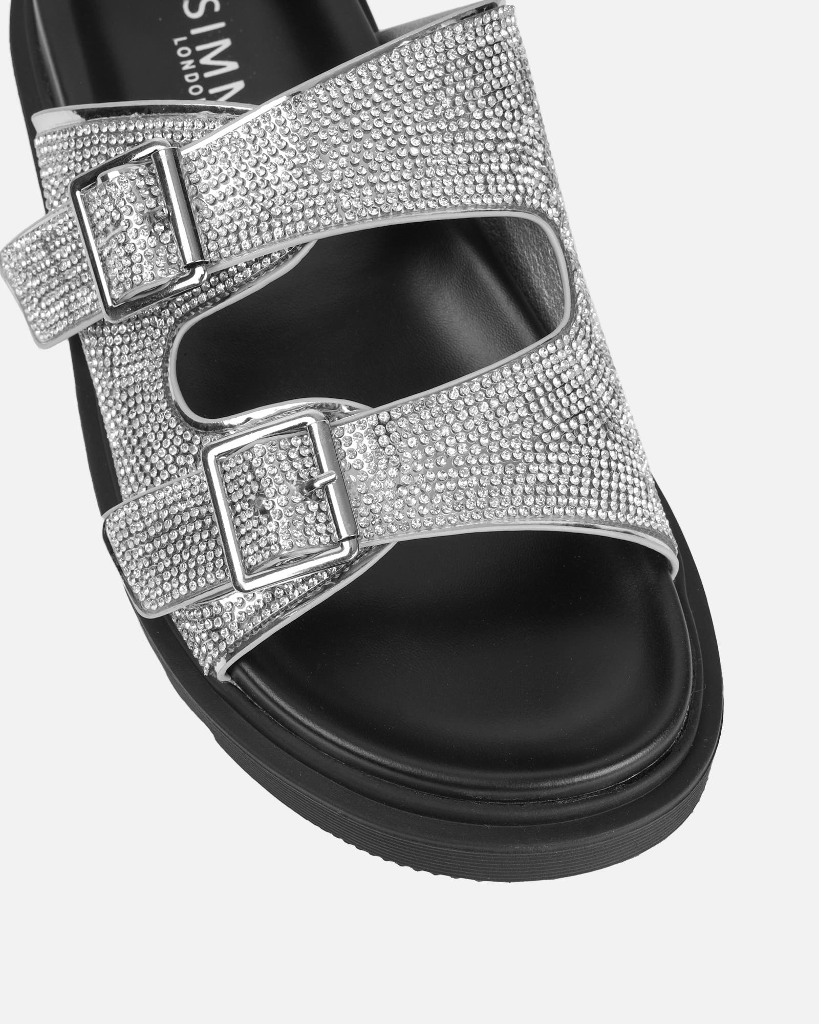 Lynn Silver Diamante Double Strap Slider Sandals | SIMMI London