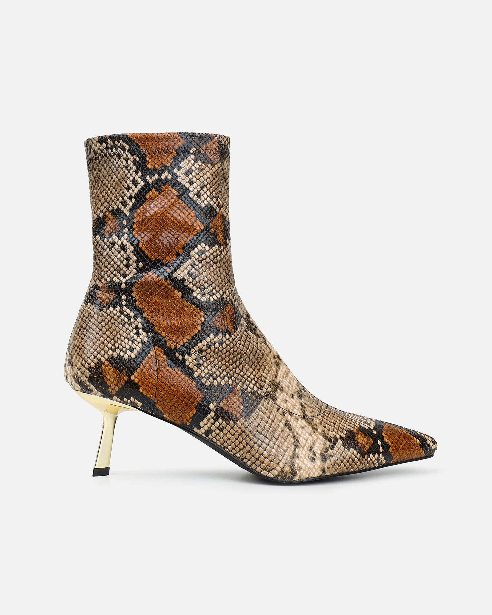 Jude beige snake effect low heel boots with gold heel | SIMMI London