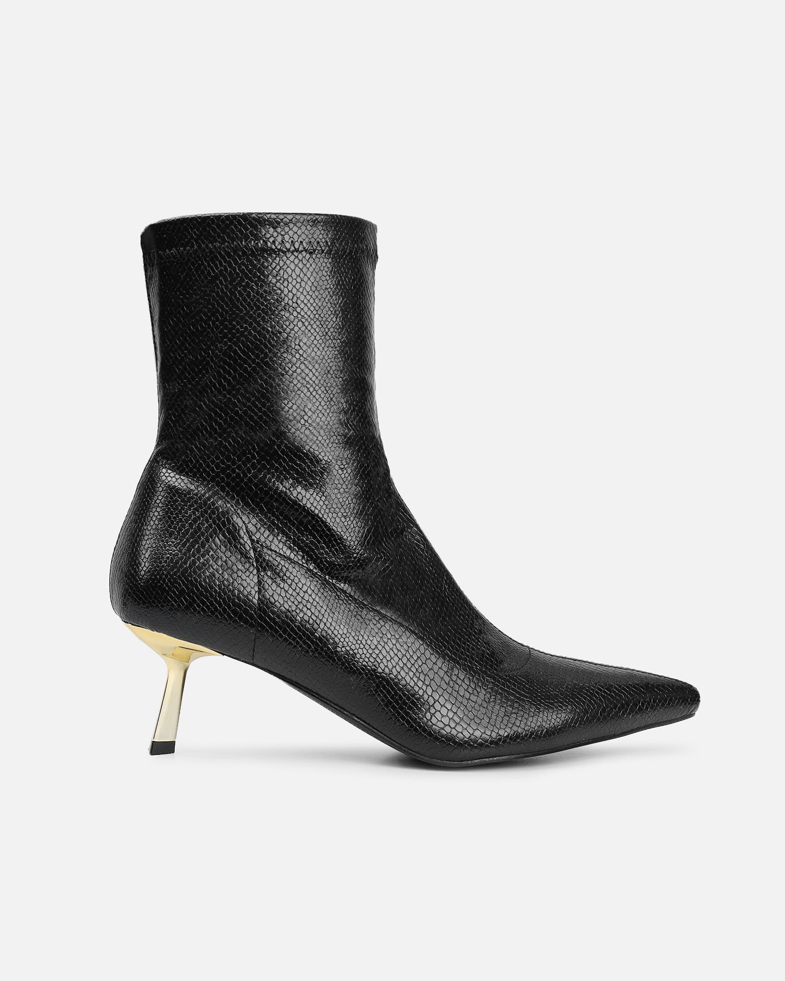 Jude black snake effect low heel boots with gold heel | SIMMI London