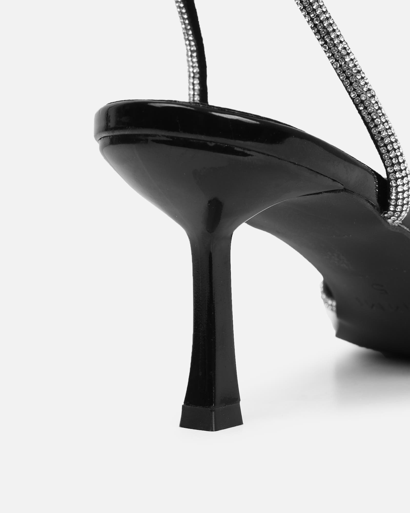 Meesha Black Patent Diamante Mid Heel Sandals | SIMMI London