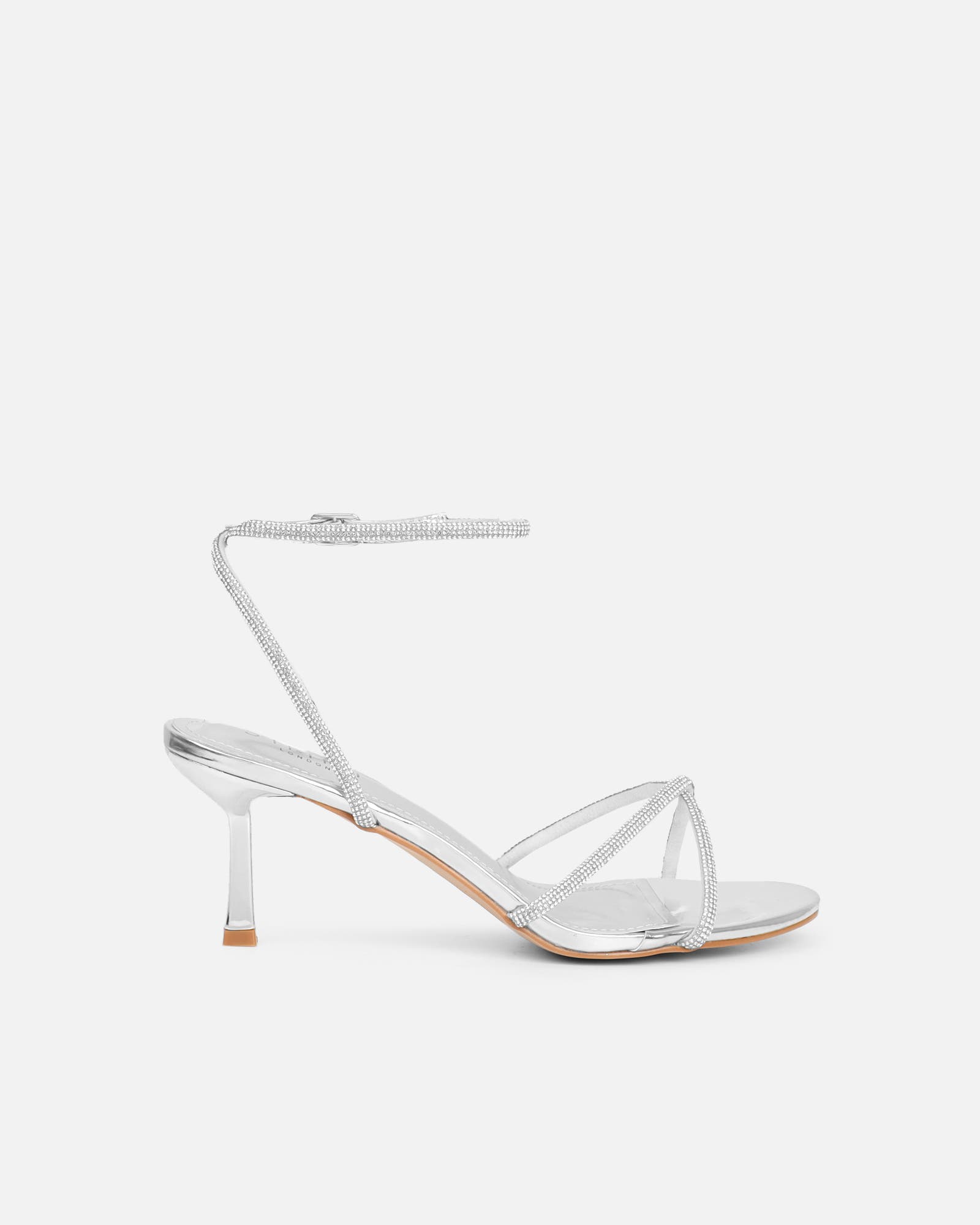 Meesha Silver Mirror Diamante Mid Heel Sandals | SIMMI London