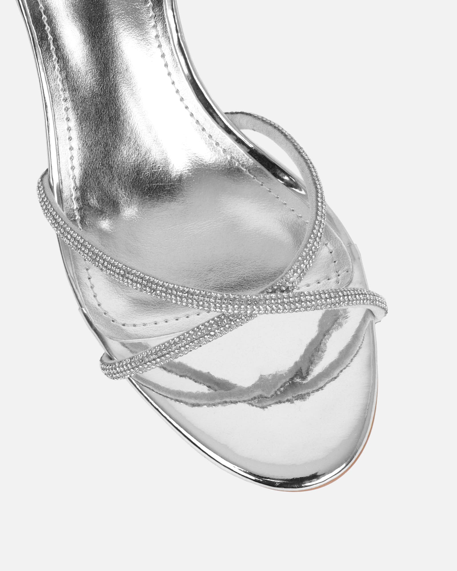 Meesha Silver Mirror Diamante Mid Heel Sandals | SIMMI London
