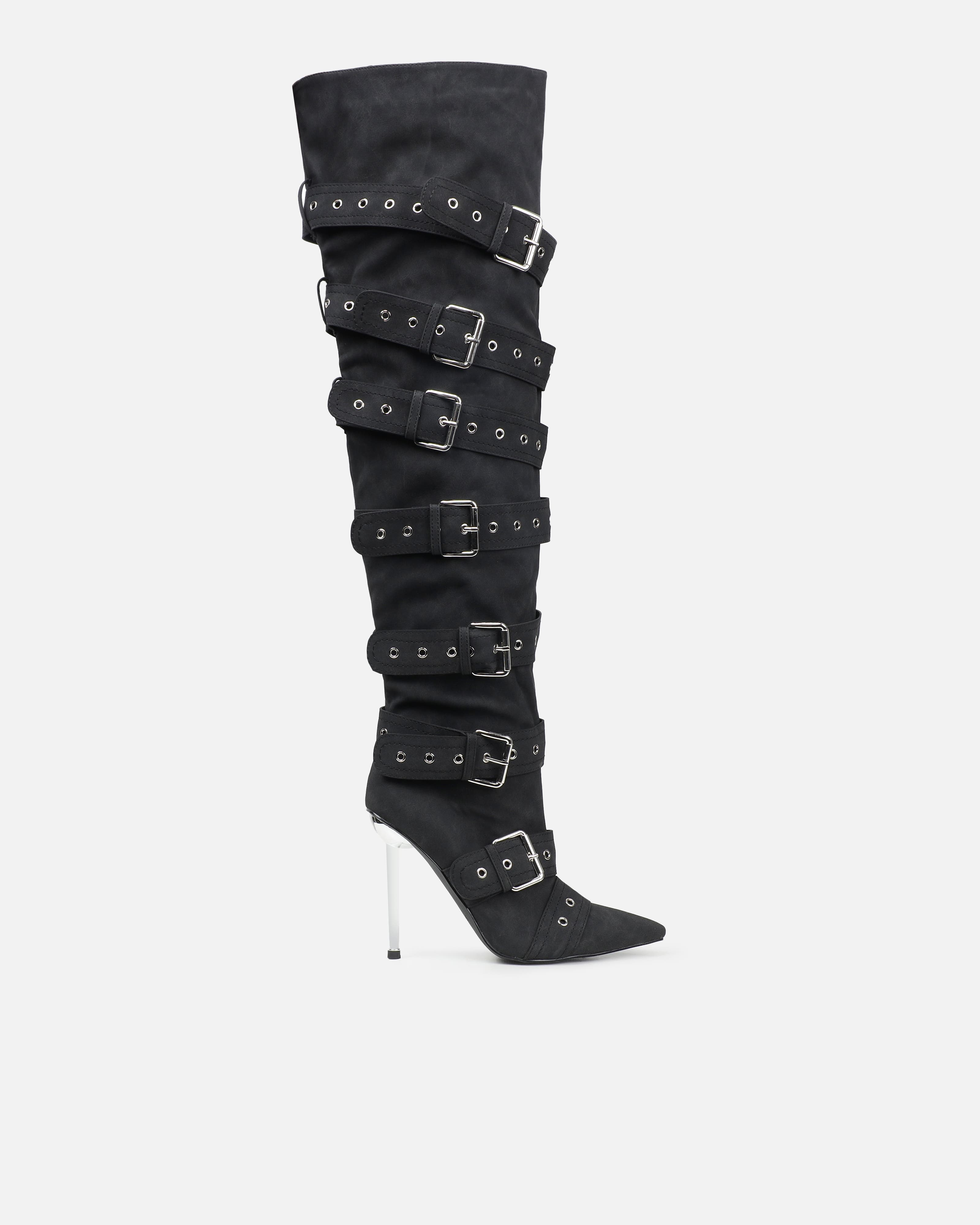 Maxton Black Nubuck Multi Buckle Thigh High Boots | SIMMI London
