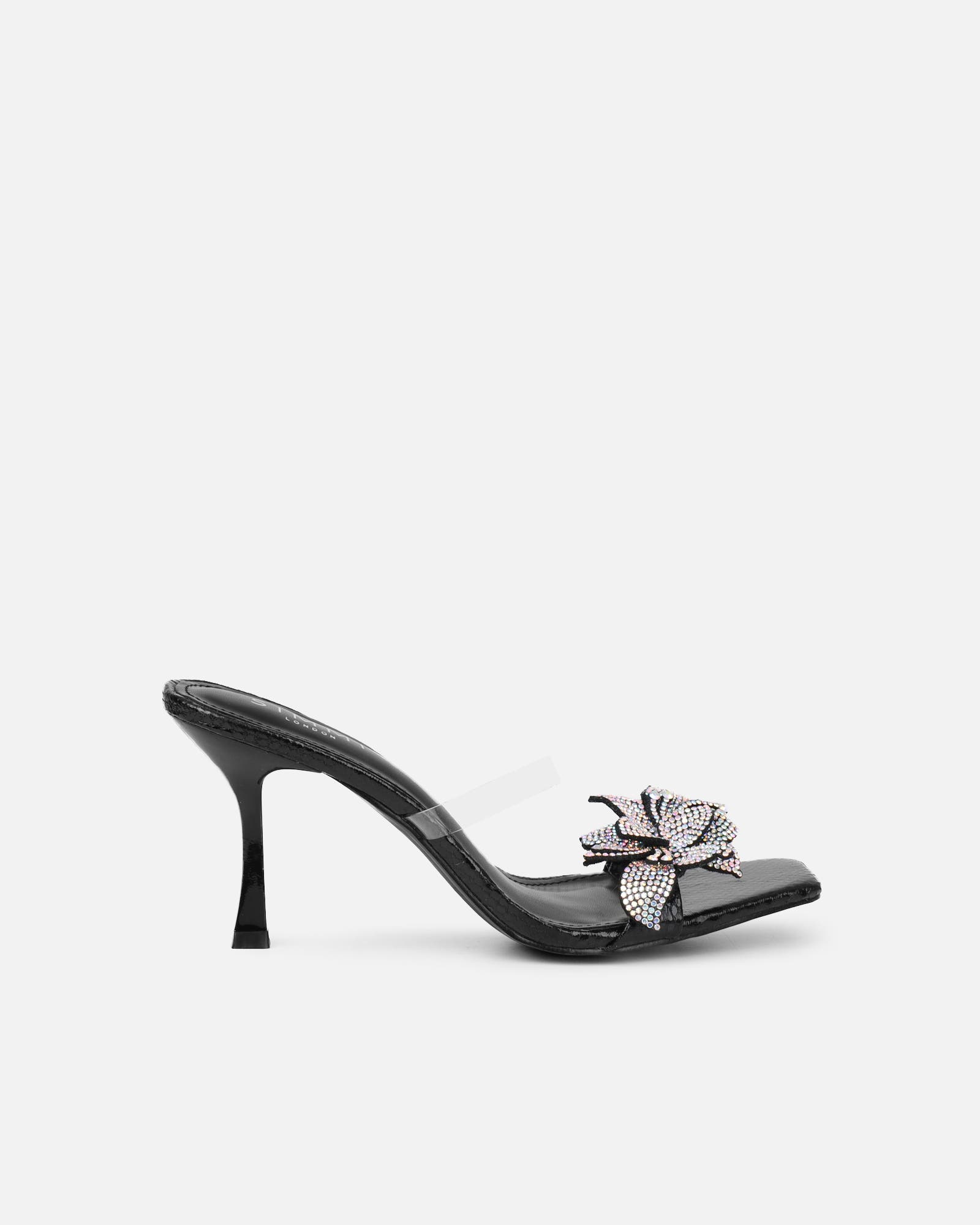 Marcella black snake effect flower detail mid heeled sandals | SIMMI London