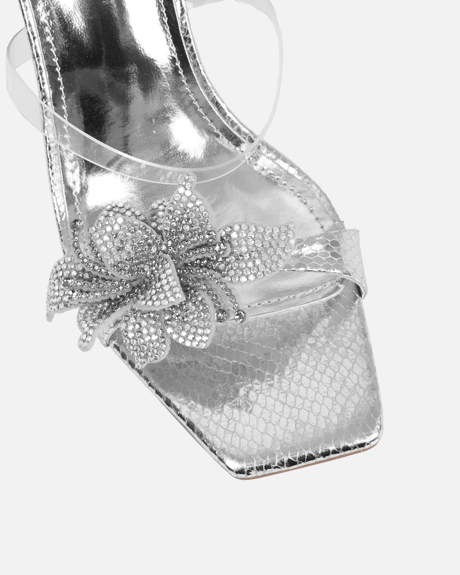 Marcella silver snake effect flower detail mid heeled sandals | SIMMI London
