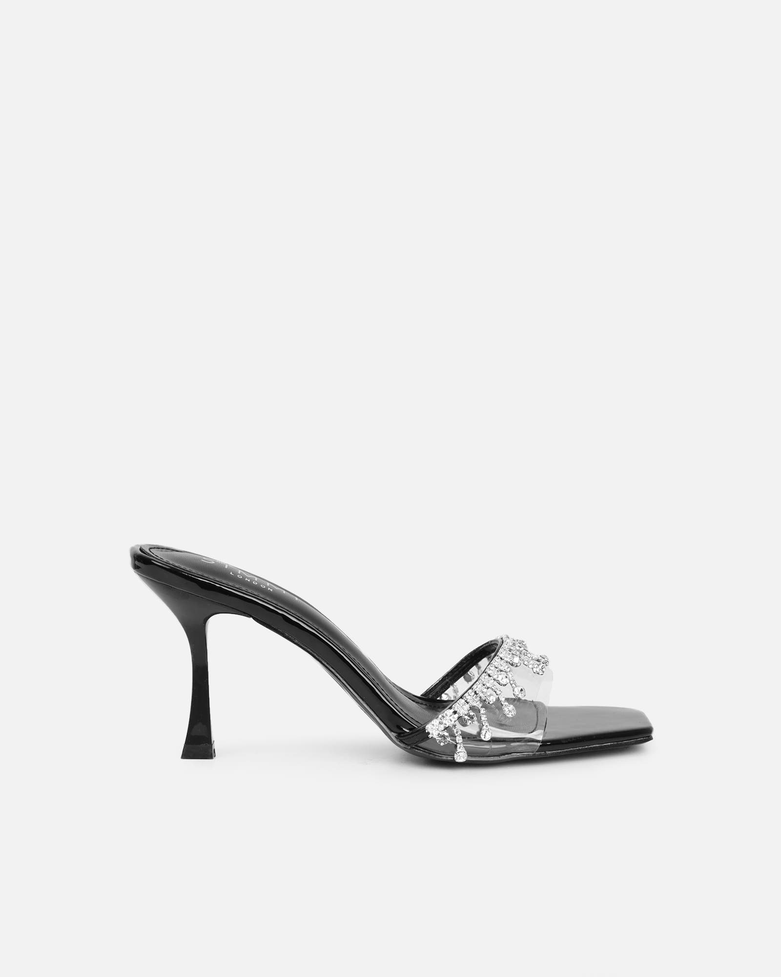Manux Black Patent Diamante Detail Heeled Sandals | SIMMI London