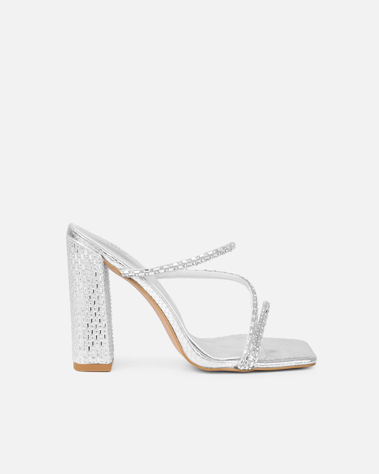 Kaana Silver Snake Effect Diamante Block Heel Sandals | SIMMI London