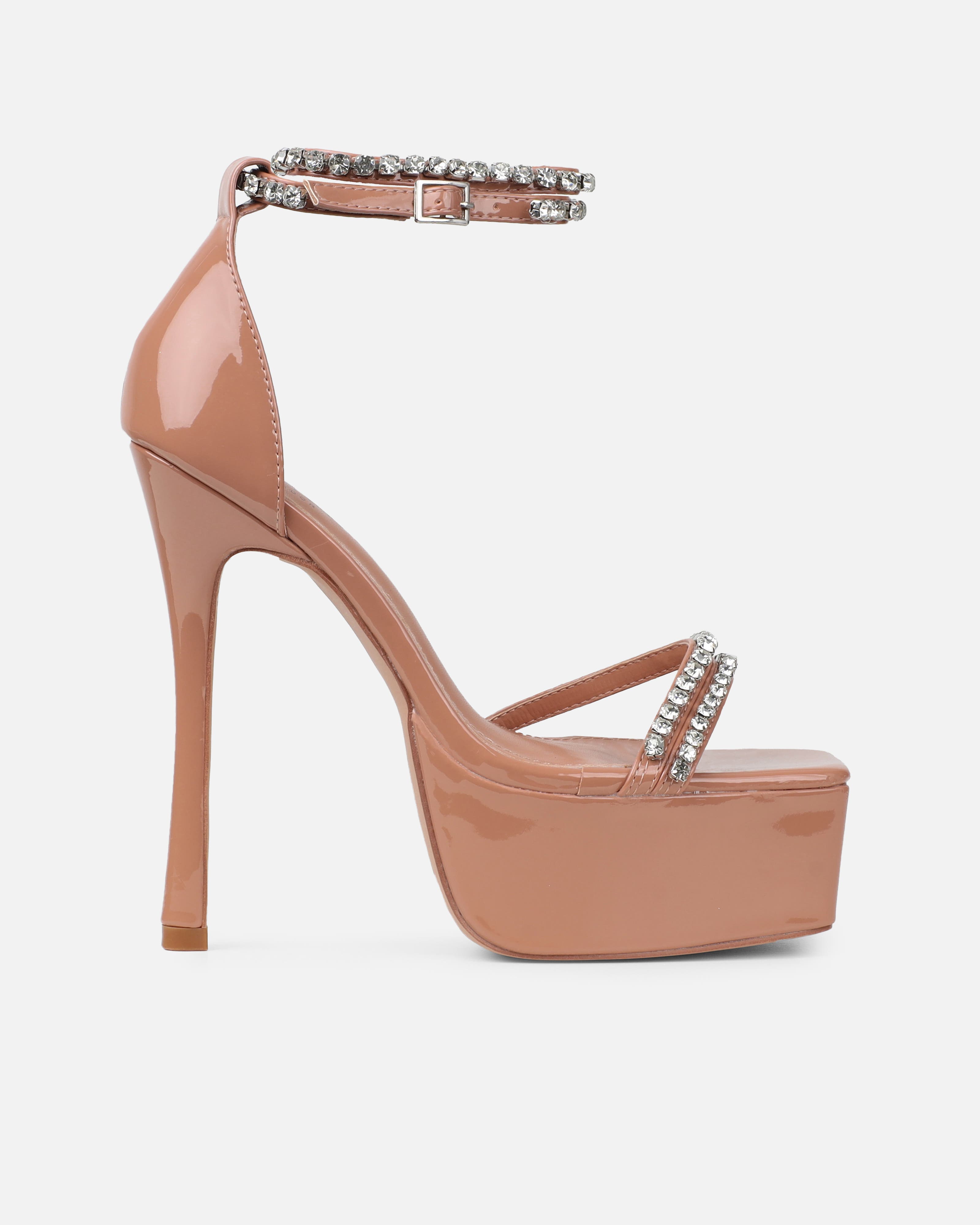 Millie Nude Patent Diamante Platform Heeled Sandals | SIMMI London